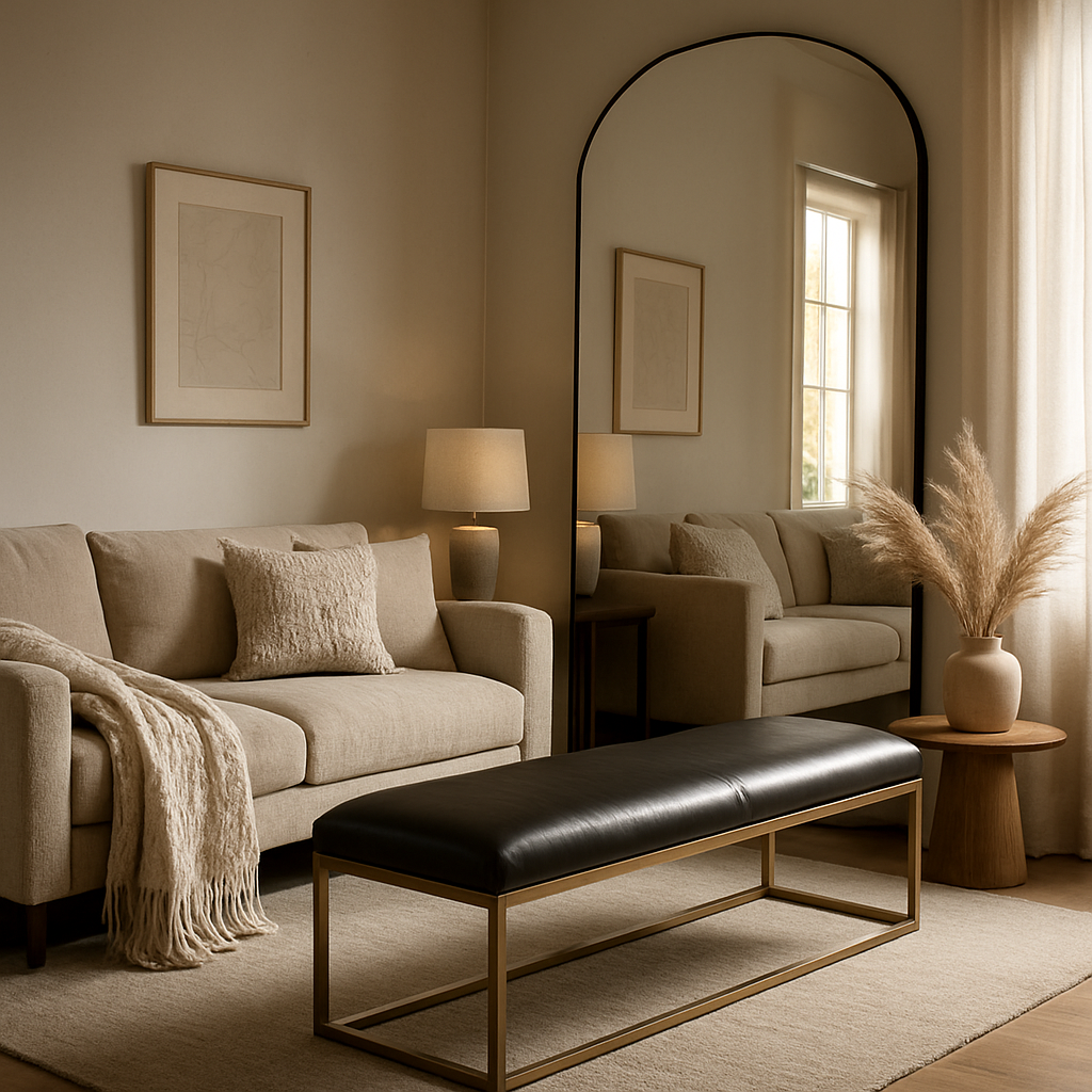 A cozy living room with a sleek luxury bench, soft textiles, and a large mirror reflecting natural light. Alt: Interior design style vision example with luxury bench and mirror.