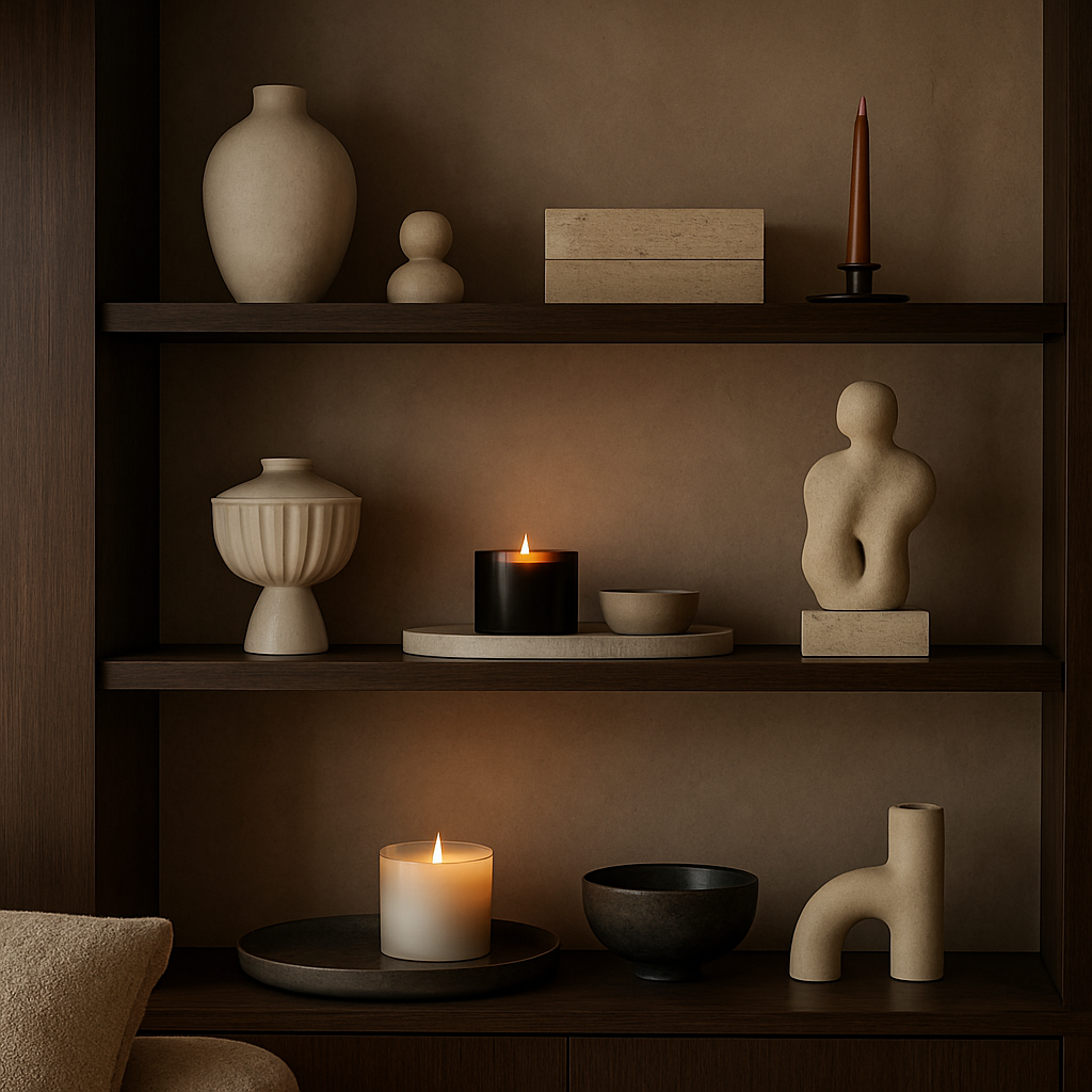 A stylish living room shelf with curated homeware accessories, such as candles, trays, and small sculptures. Alt: Luxury homeware finishing touches interior design