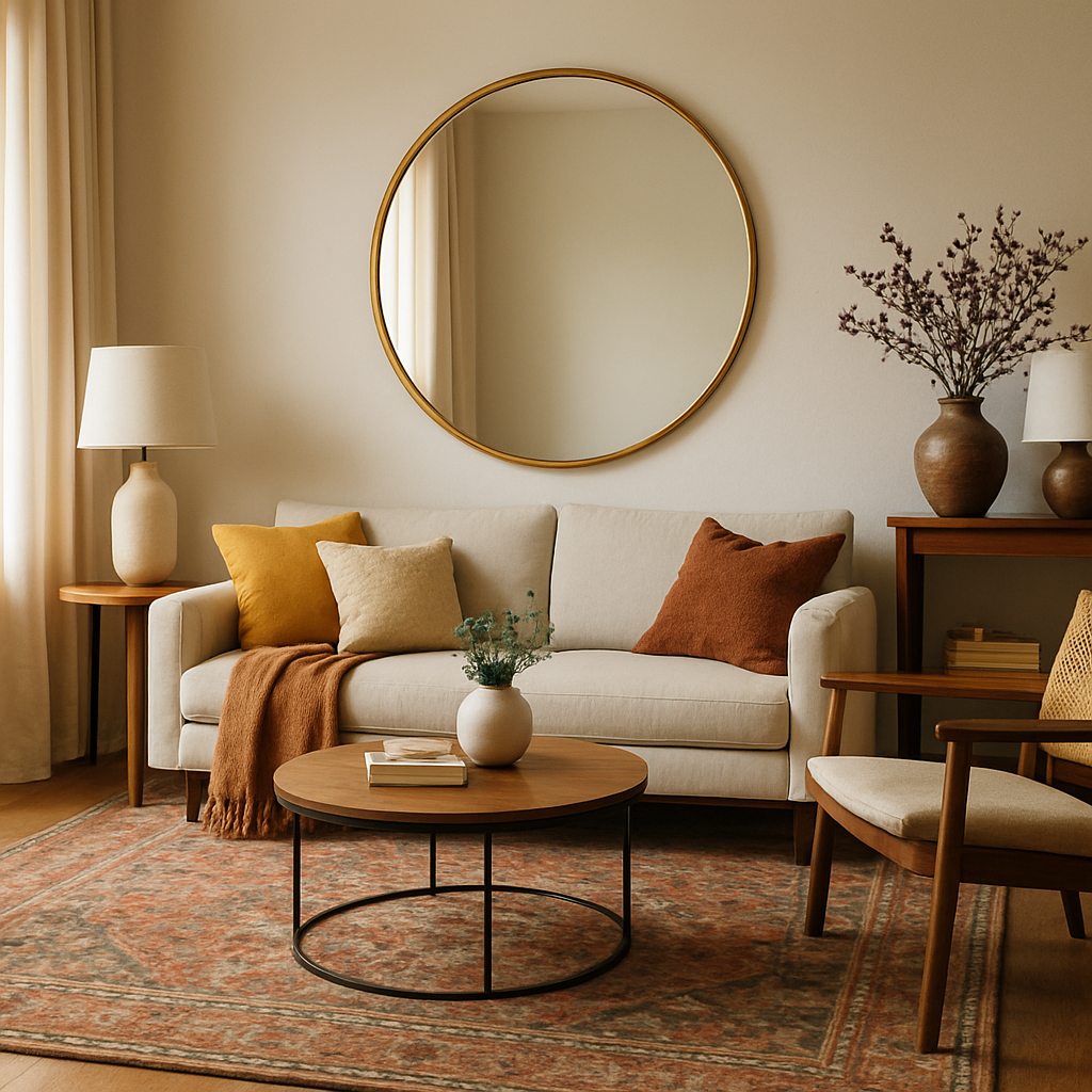 A bright, well‑styled living room featuring a statement mirror, layered textiles, and a mix of wooden and metal furniture. Alt: Creative Interiors style vision mood board example.