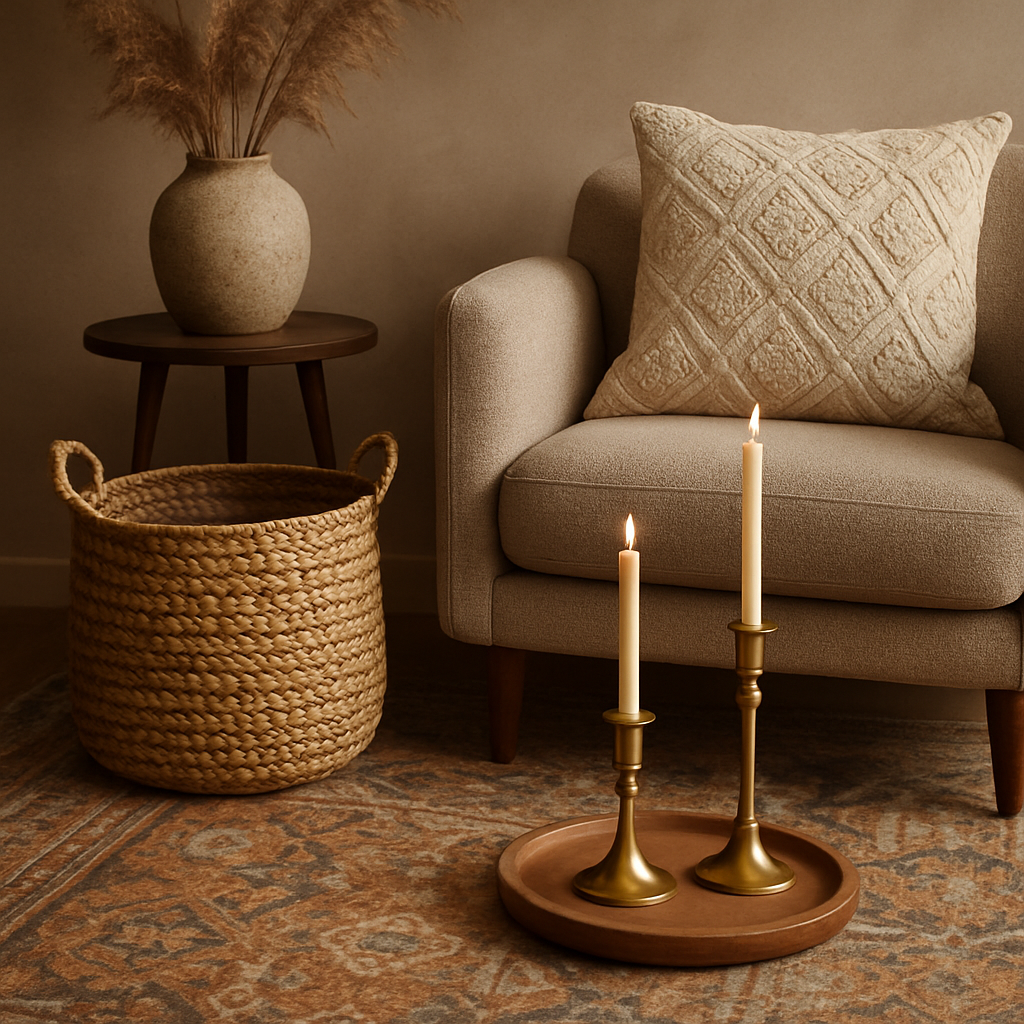 A stylish living room corner featuring a mix of textured homeware accessories like woven baskets, brass candle holders, and a patterned rug. Alt: Creative Interiors homeware accessories mix and match guide.