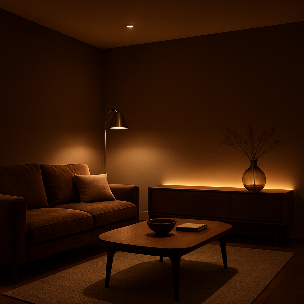 A cosy British living room at dusk, showing a plush sofa under a dimmable recessed ceiling light, a brass floor lamp beside a bespoke coffee table, and a narrow LED strip highlighting a glass vase on a console. Alt: Integrated lighting with bespoke homeware and furniture creating a warm ambience.
