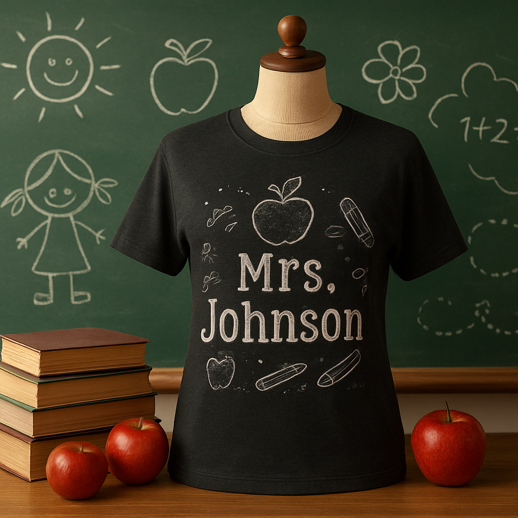 A cozy classroom scene with a chalkboard‑style t‑shirt displayed on a mannequin, surrounded by chalk doodles, apples, and a stack of books. Alt: Classic chalkboard themed personalized teacher t shirt design ideas.