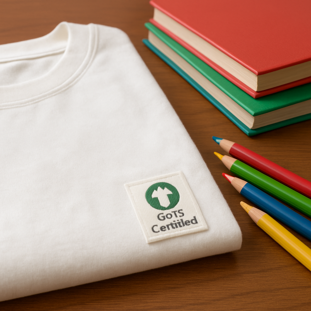 A close‑up of a soft, white organic cotton tee with a small “GOTS Certified” tag, draped over a wooden desk beside a stack of colorful classroom supplies. Alt: Eco‑friendly organic cotton teacher t shirt on a desk.