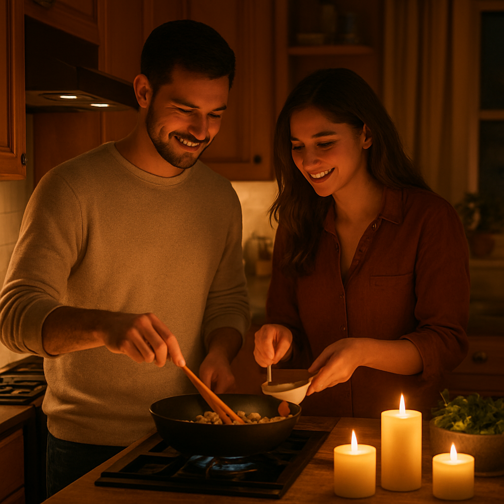 A warm kitchen with a couple cooking together, candles on the counter, cozy lighting. Alt: Cozy cooking night quality time ideas for couples at home.