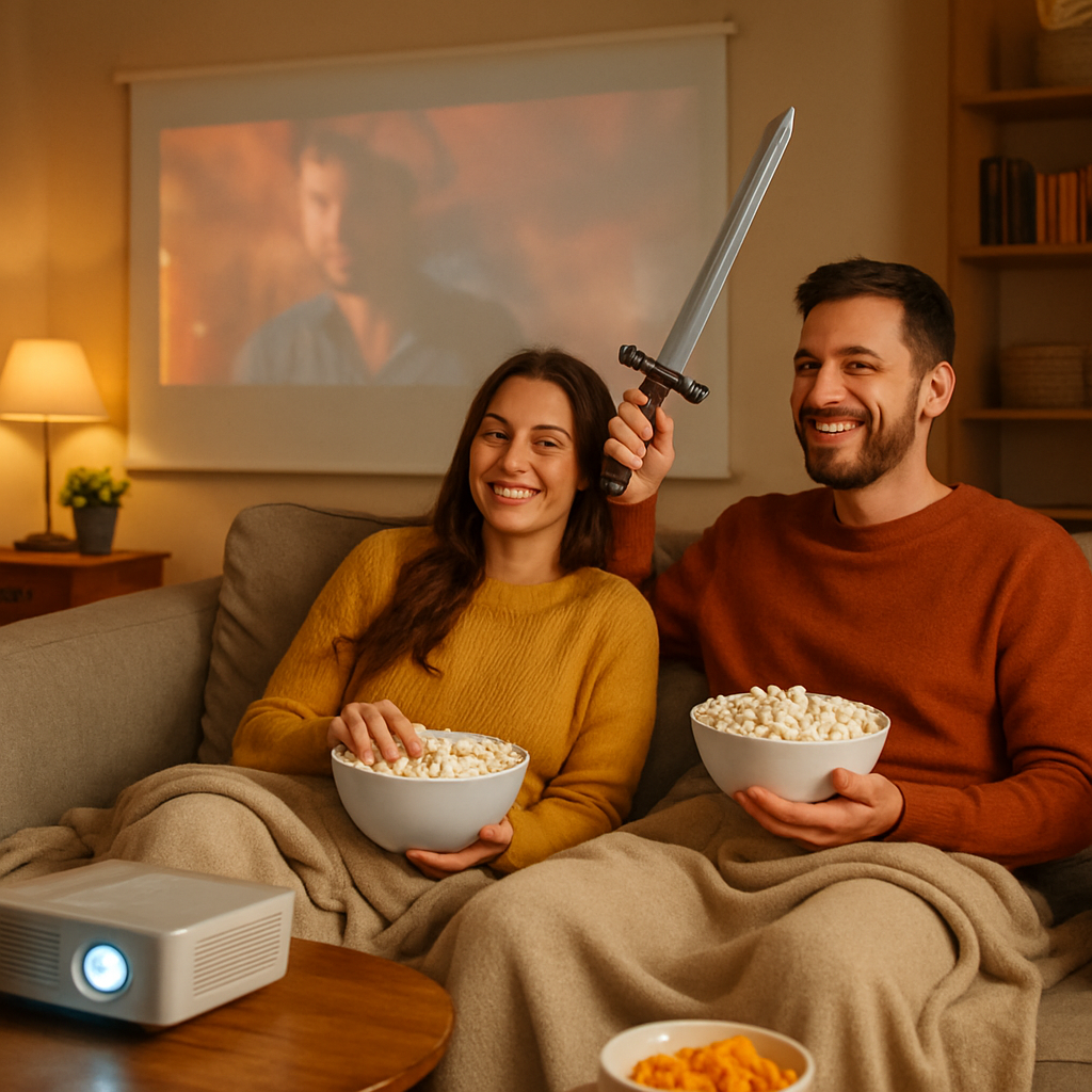 A cozy living room with a couple sitting on a plush sofa, blankets draped, a projector screen showing a film, popcorn bowls, and playful props like a fake sword and a snack table. Alt: Movie marathon with a twist quality time ideas for couples at home