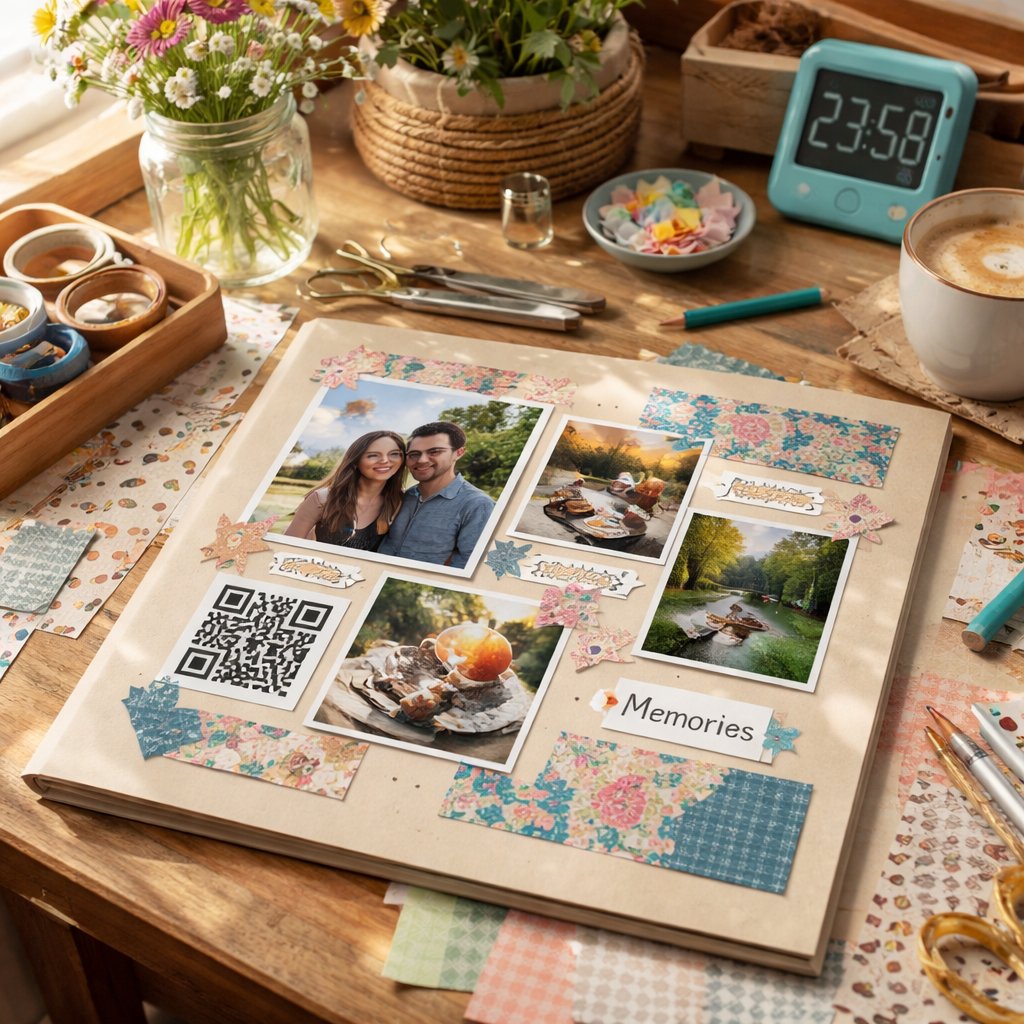 A photorealistic scene of a cozy home craft table with a beginner’s scrapbook page in progress, showing a mixed layout of photos, a QR code square, fabric swatch, and a timer, natural daylight highlighting the materials, Alt: Scrapbooking ideas for beginners, realistic craft workspace