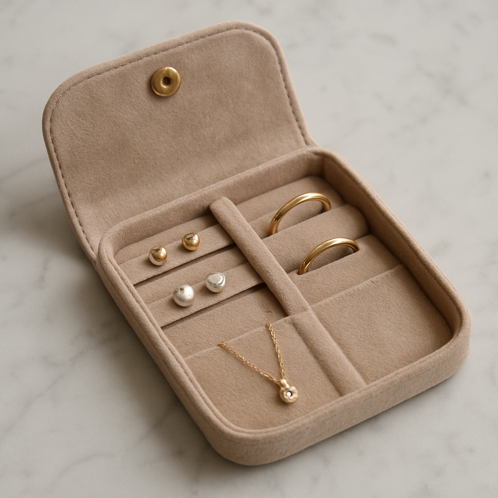 A sleek, handcrafted travel jewelry pouch opened on a marble countertop, showing elastic loops holding earrings, rings, and a delicate pendant. Soft velvet fabric, a magnetic snap closure, and a felt interior are visible. Alt: Travel jewelry organizer ideas – DIY pouch with compartments for earrings, rings, and necklaces.