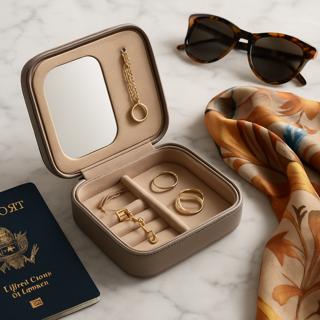 A magnetic travel jewelry organizer opened on a marble countertop beside a passport, sunglasses, and a silk scarf. Alt: Magnetic travel jewelry organizer for stylish jet‑setters.