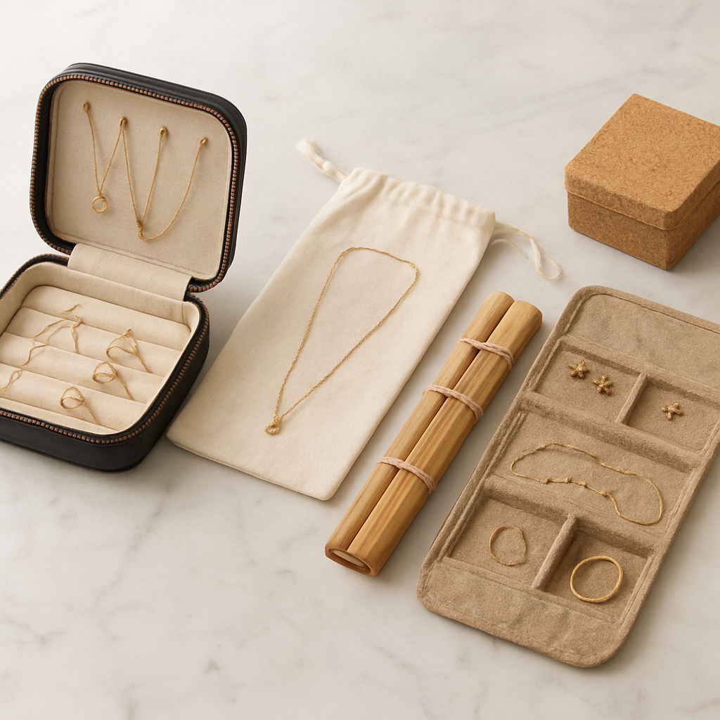 A sleek travel jewelry organizer display on a marble vanity, featuring a recycled leather case, organic cotton pouch, bamboo roll‑up, upcycled fabric organizer, and cork box, each opened to show neatly arranged necklaces, rings, and earrings. Alt: Eco‑friendly travel jewelry organizer ideas showcasing sustainable materials.