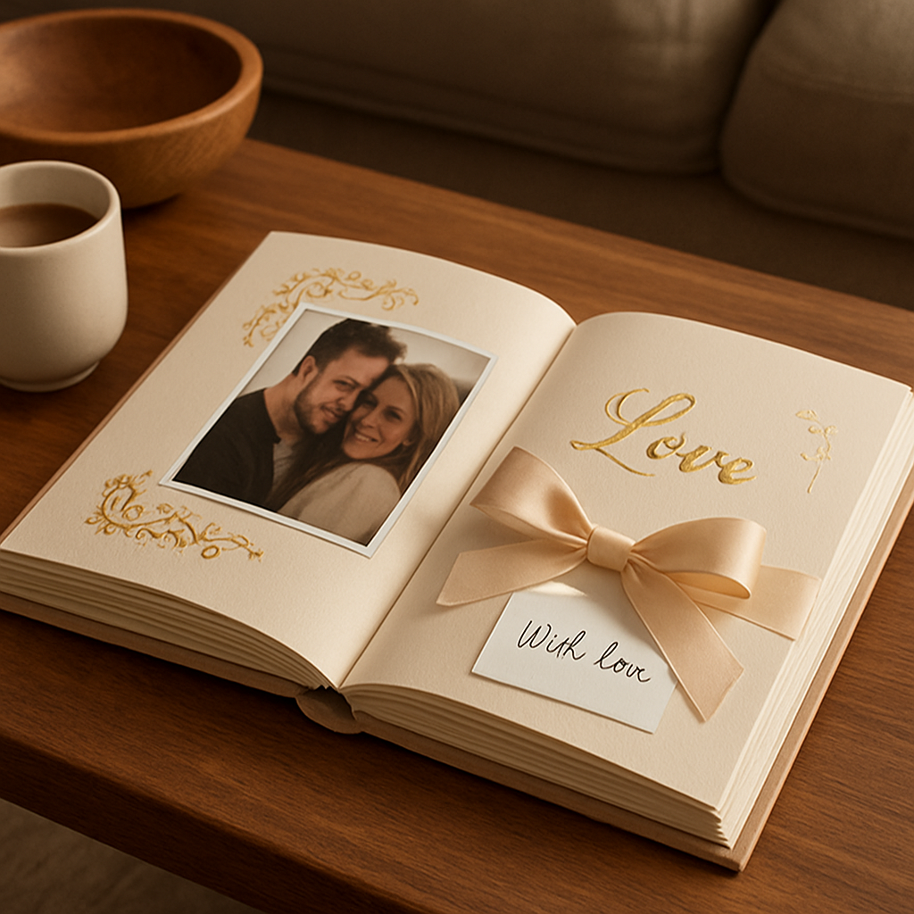 A cozy coffee table with an open photo book featuring embellished pages such as gold foil stamps, satin ribbons, and a handwritten note. Alt: Photo book with embellishments gift idea