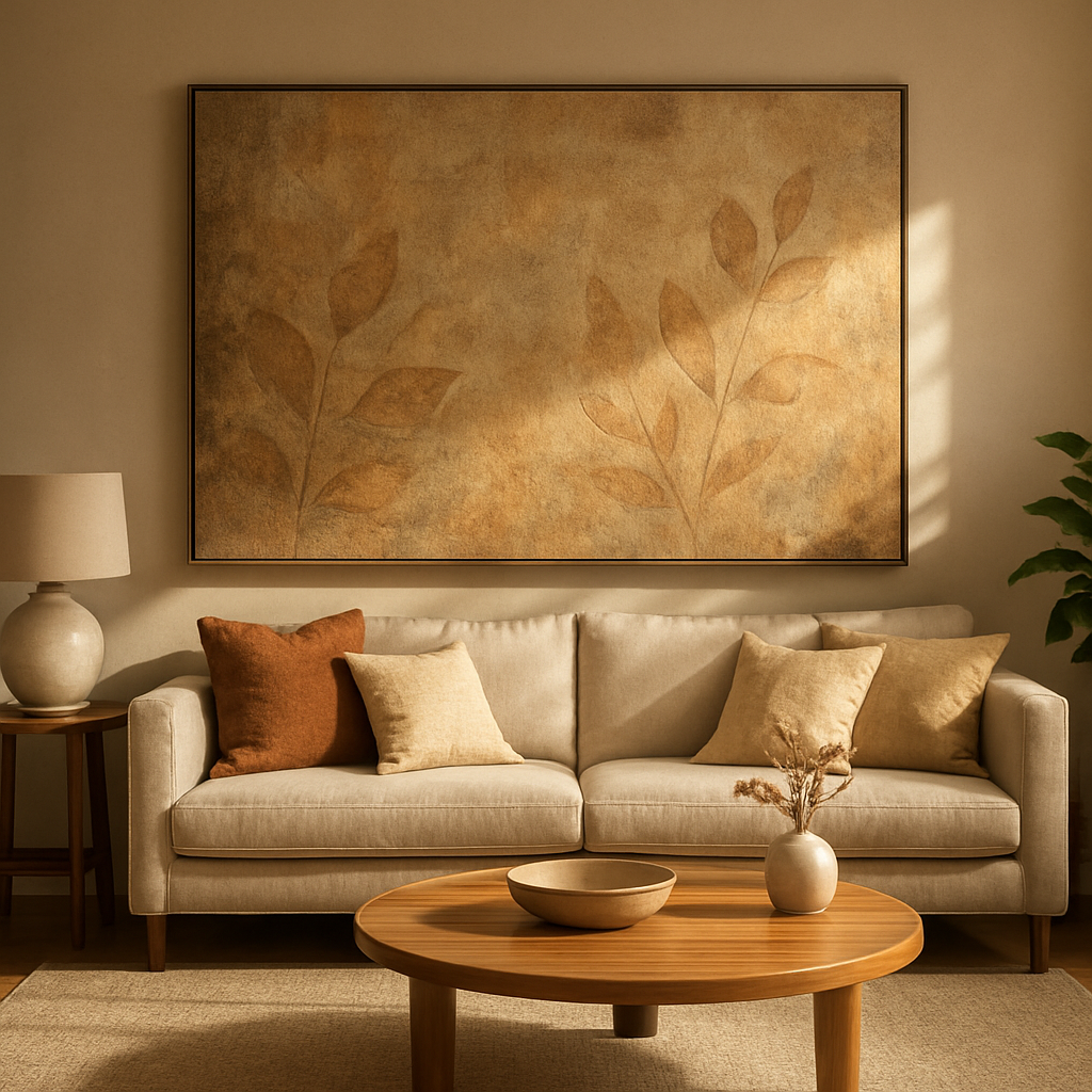 A sun‑lit living room with a large, textured canvas art piece featuring earthy tones and subtle leaf motifs. Alt: Luxury wall art style guide with textured canvas for modern interiors.