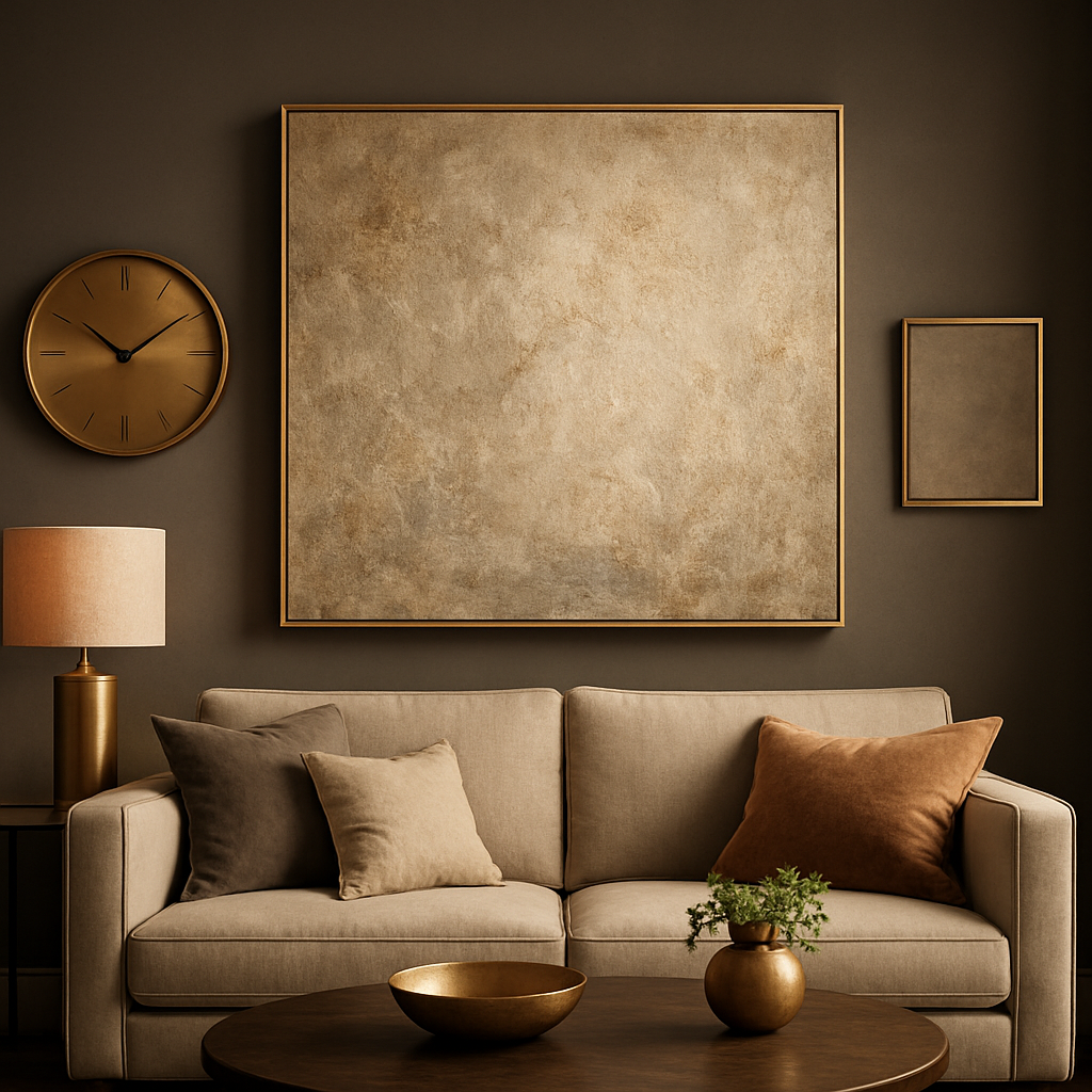 A stylish living‑room wall showing a large textured canvas centered above a sofa, flanked by a brushed‑gold decorative clock and a small brass‑handle accent frame. Alt: Wall art installation with luxury accessories.