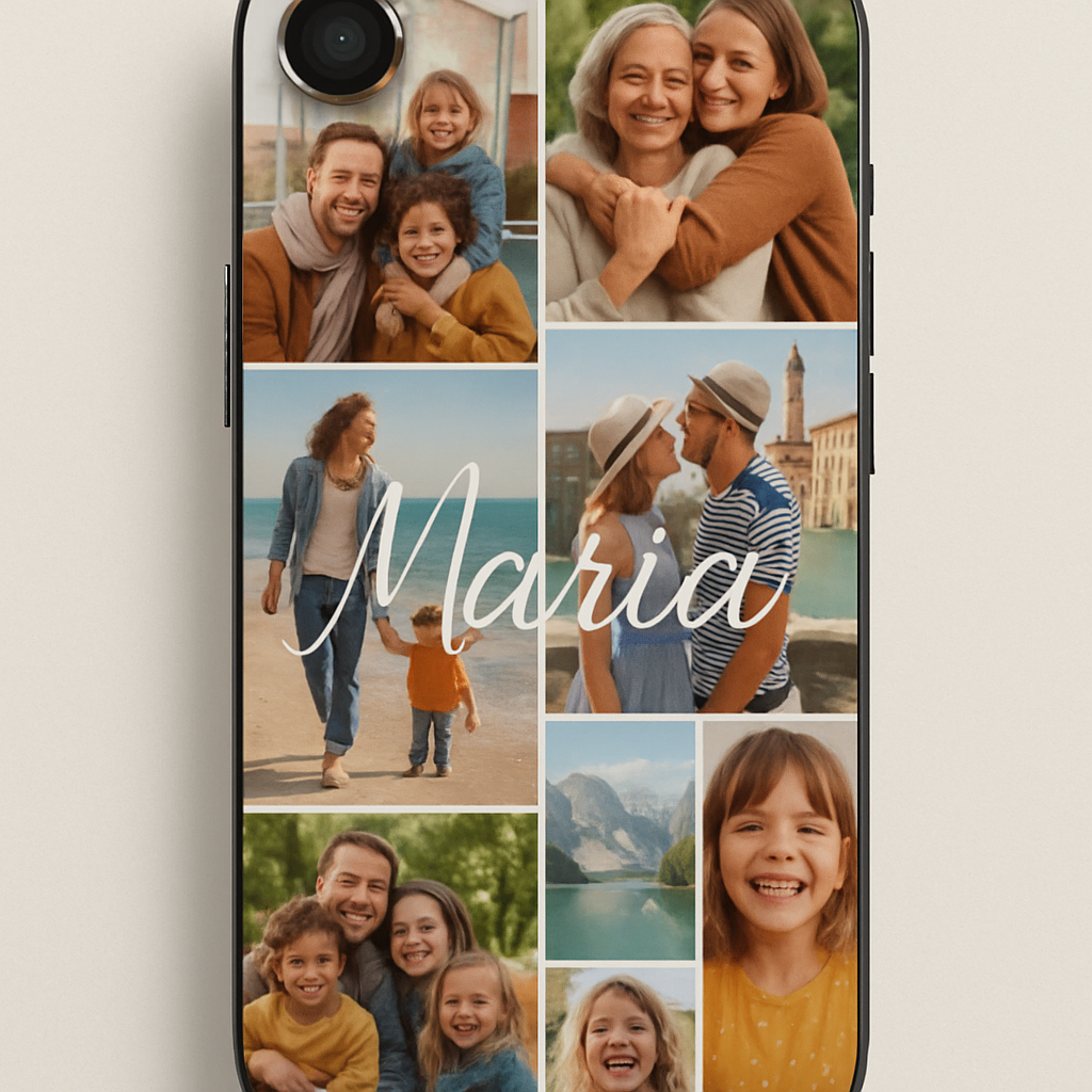 A smartphone case displaying a vibrant photo collage of family moments, travel snapshots, and a semi‑transparent name overlay in elegant script. Alt: custom name phone case collage design