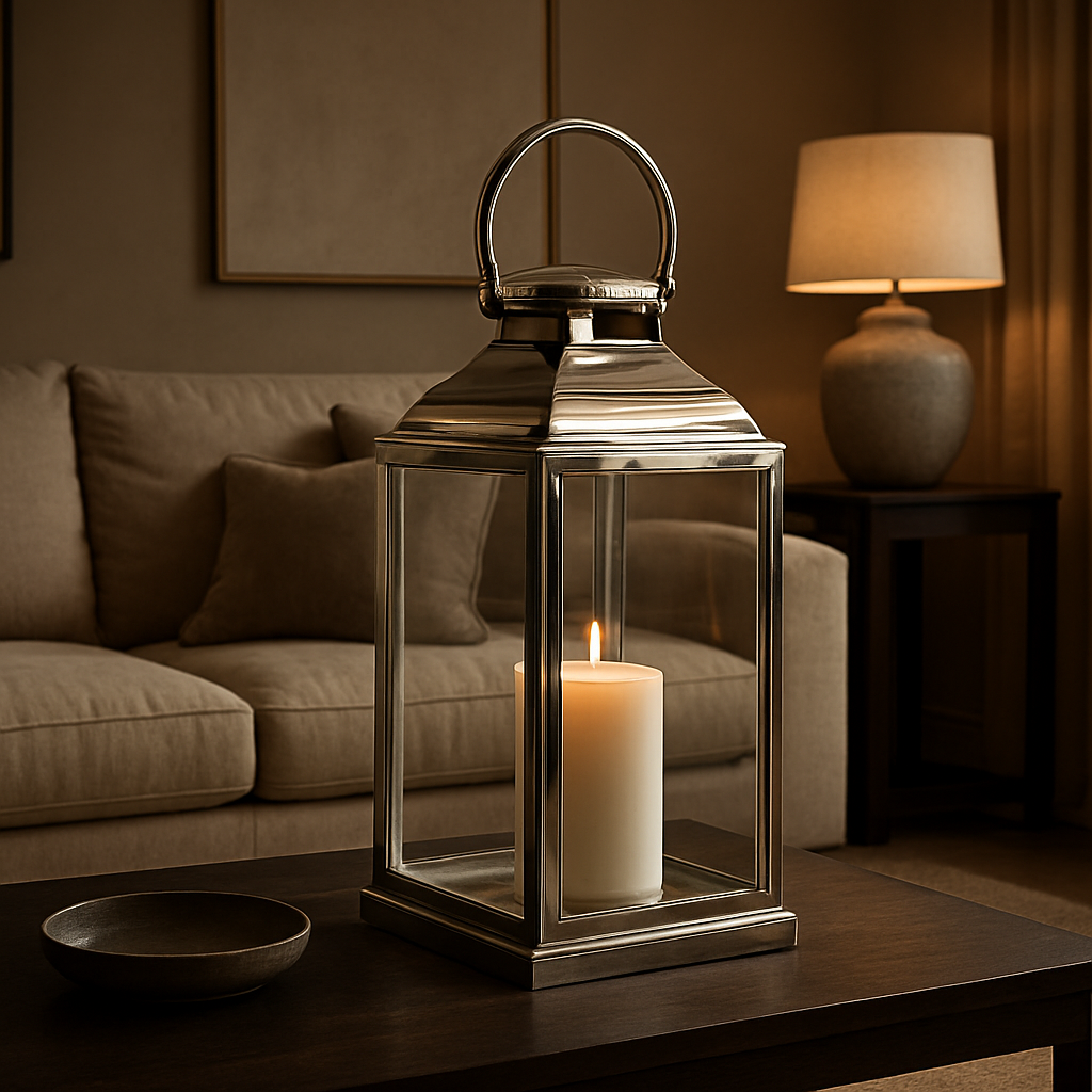 A luxurious living room featuring a bold silver lantern on a coffee table, with plush sofa and neutral walls. Alt: Bold statement home accessory lantern transforming a room