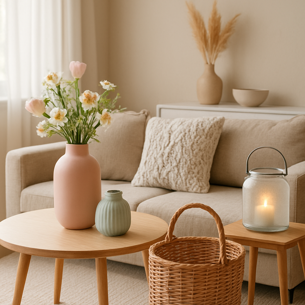 A bright living room with seasonal accessories: pastel vases for spring, rattan basket for summer, wool pillow for autumn, frosted lantern for winter. Alt: Seasonal Home Accessories ideas for every season