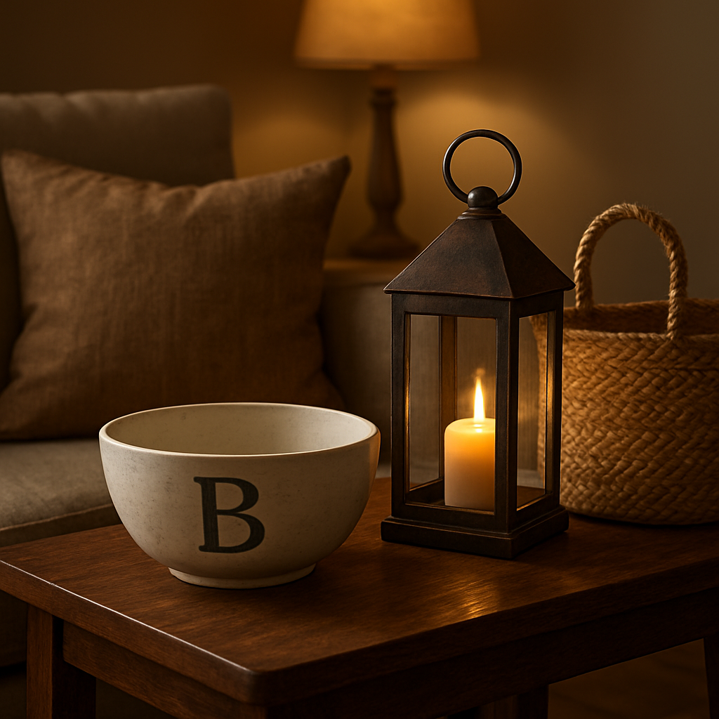 A cozy living room corner featuring a monogrammed ceramic bowl, a custom‑finished metal lantern, and a tailored jute basket on a wooden side table. Alt: Personalized home accessories creating a unique, bespoke look.