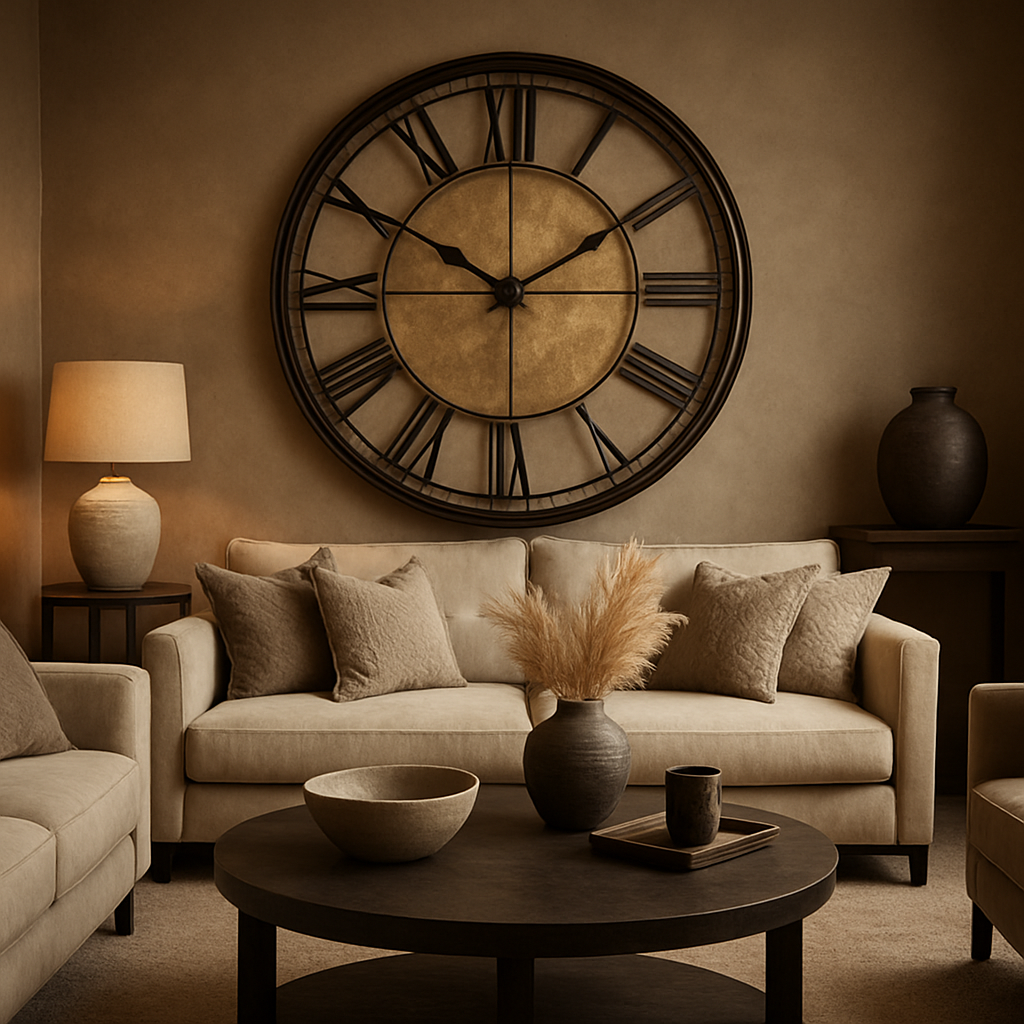 A luxurious living room featuring a large decorative wall clock as the centerpiece, with plush sofas, textured cushions, and a curated selection of homwares. Alt: Statement Homwares that wow a living space.