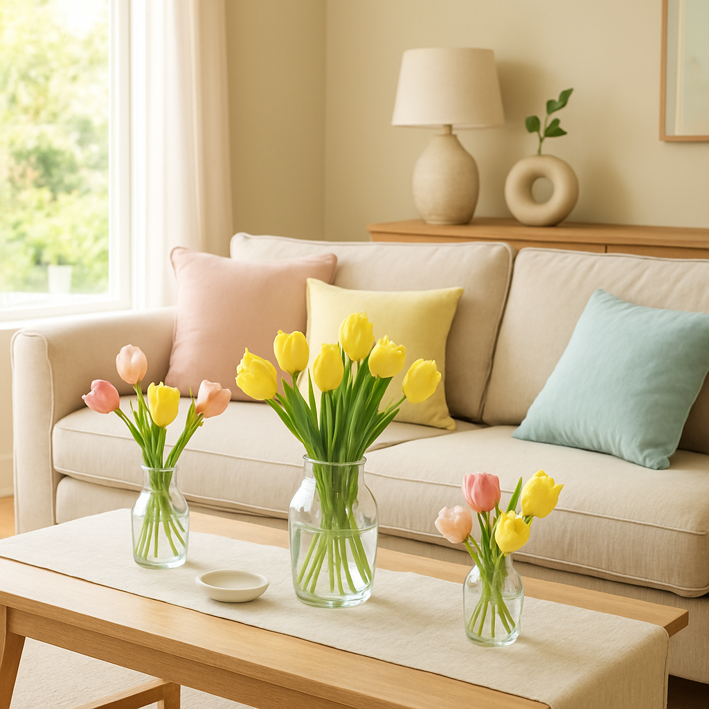 A bright spring living room with linen runner, glass vases of tulips and pastel cushions. Alt: Seasonal swap of Homwares for spring freshening.