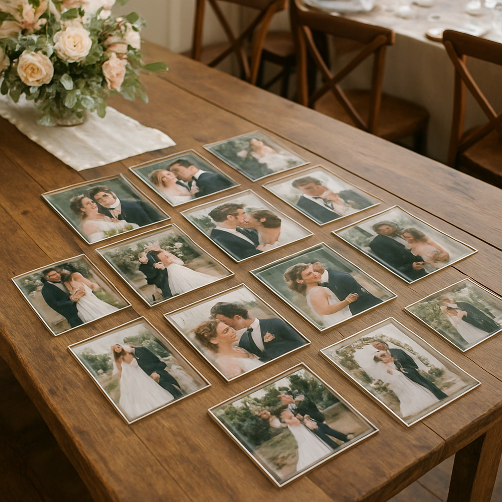 A rustic wooden reception table adorned with a magnetized collage of wedding photos, each photo framed by a clear acrylic cover, creating a dynamic, interchangeable centerpiece. Alt: wedding photo magnets table decor collage