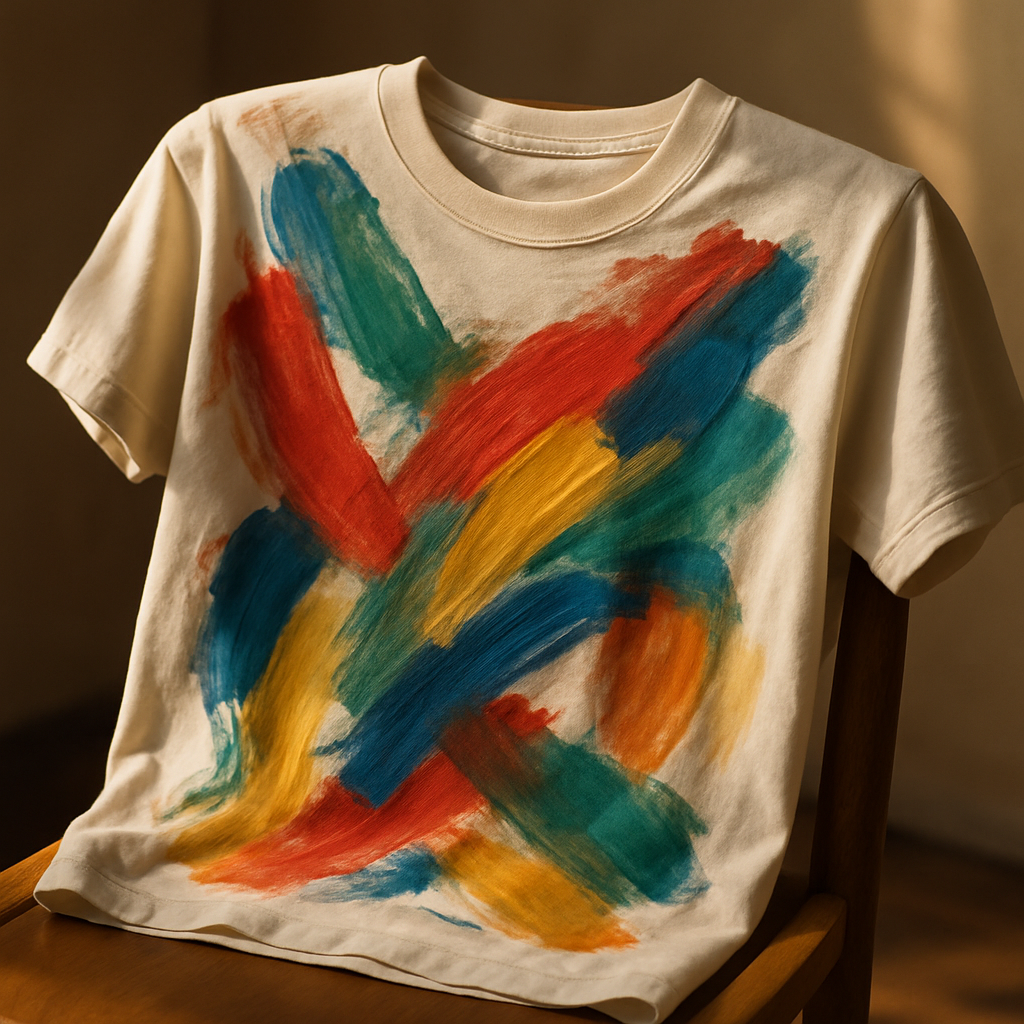 A hand‑painted abstract tee draped over a wooden chair, soft natural light highlighting the brushstroke details. Alt: hand‑painted artsy graphic tee showcasing vibrant brushstrokes on soft cotton fabric.