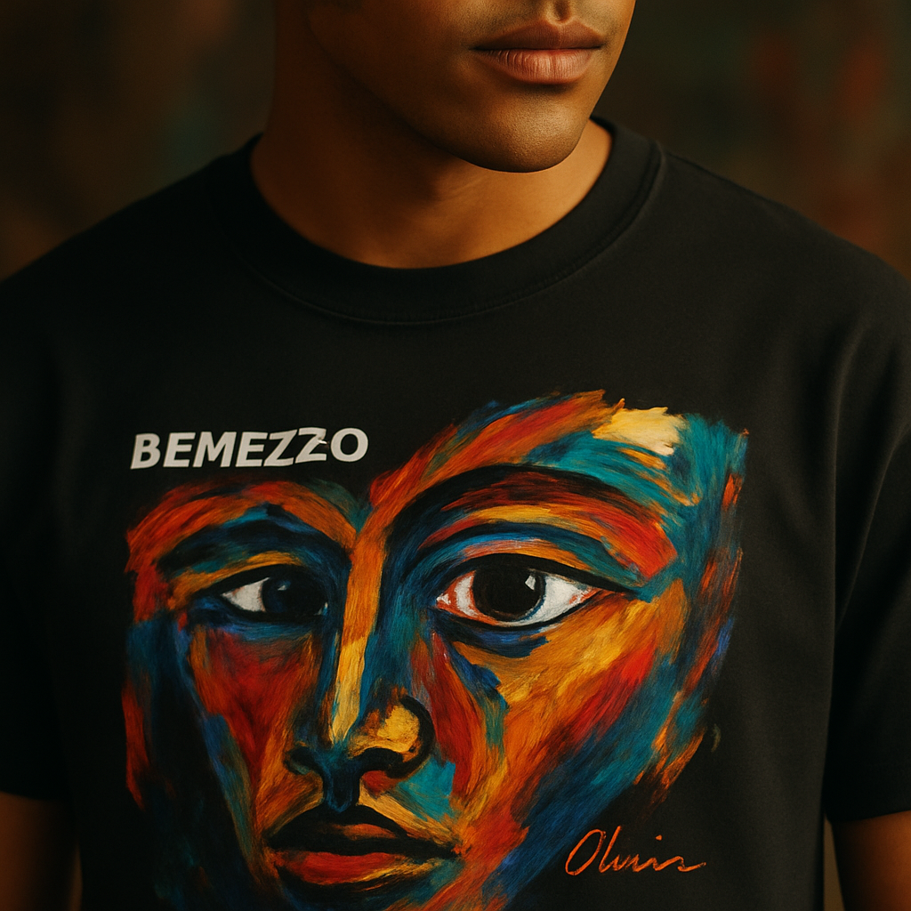 A close‑up of a model wearing a Bemezzo collaborative tee, showing vibrant artwork and a subtle embroidered artist signature. Alt: artsy graphic tees collaborative artist collection.