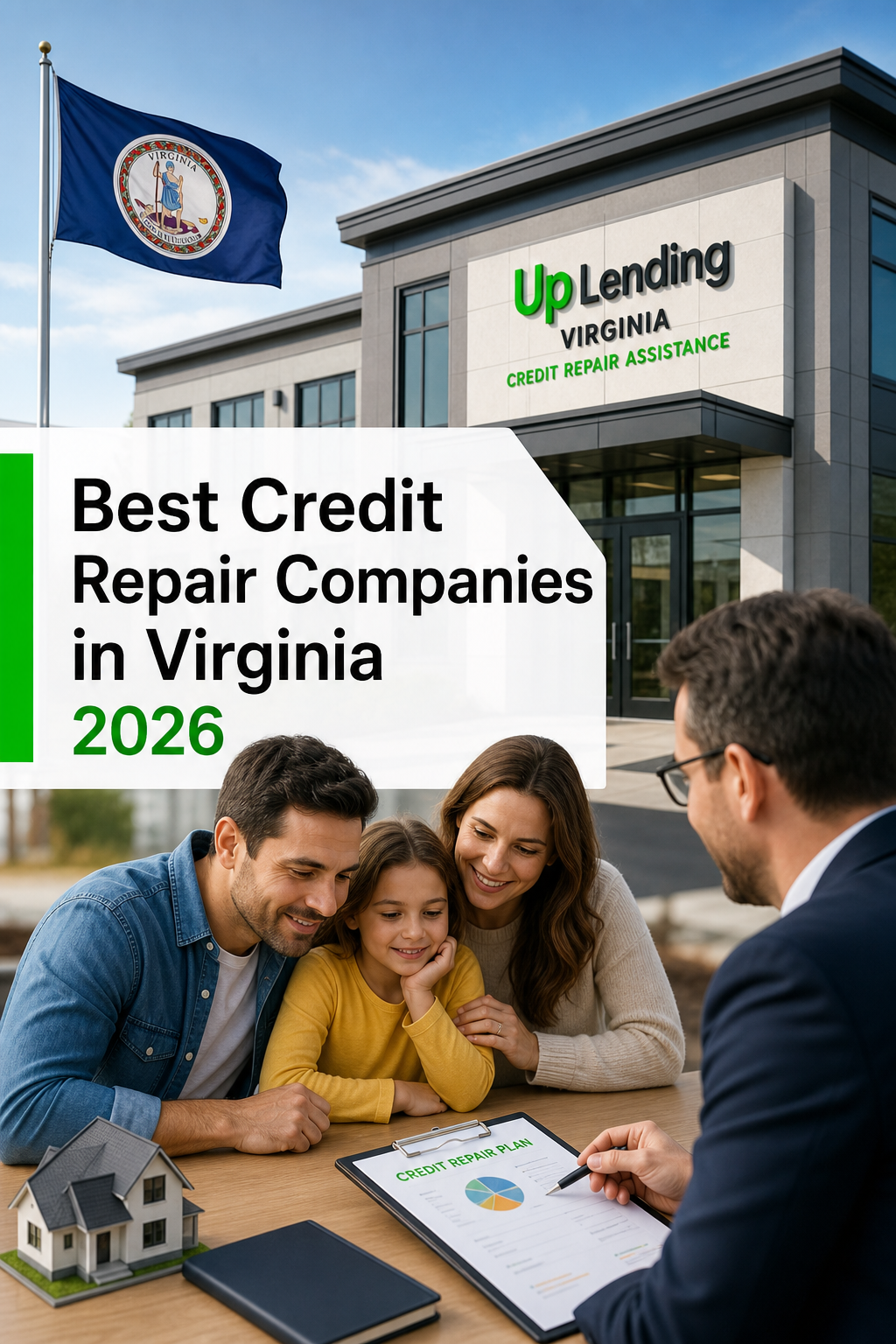A realistic photo of a modern bank building with a Virginia flag and a credit repair sign, clean and professional. Alt: Up Lending Virginia credit repair assistance.