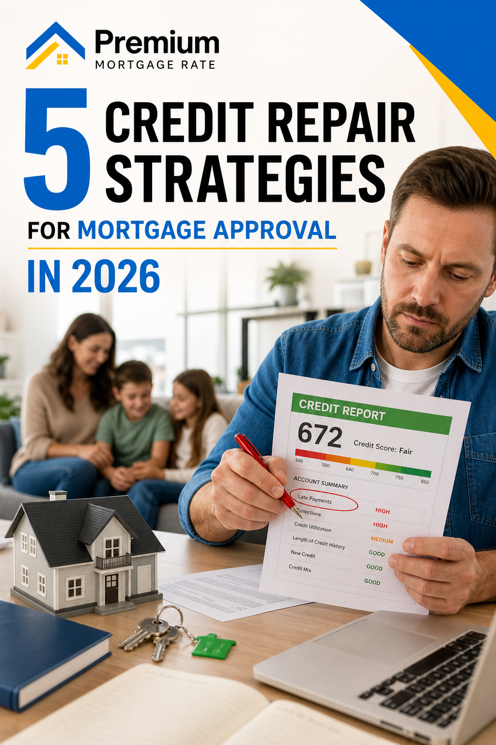 A person reviewing a credit report with a red pen marking errors, sitting at a desk with a laptop and papers, realistic style. Alt: Checking credit report for errors to improve credit score for mortgage approval