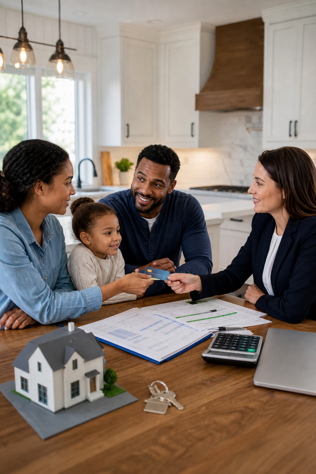 A family discussing finances around a kitchen table, with one person showing a credit card to another, realistic style. Alt: Authorized user tradelines strategy for building credit history