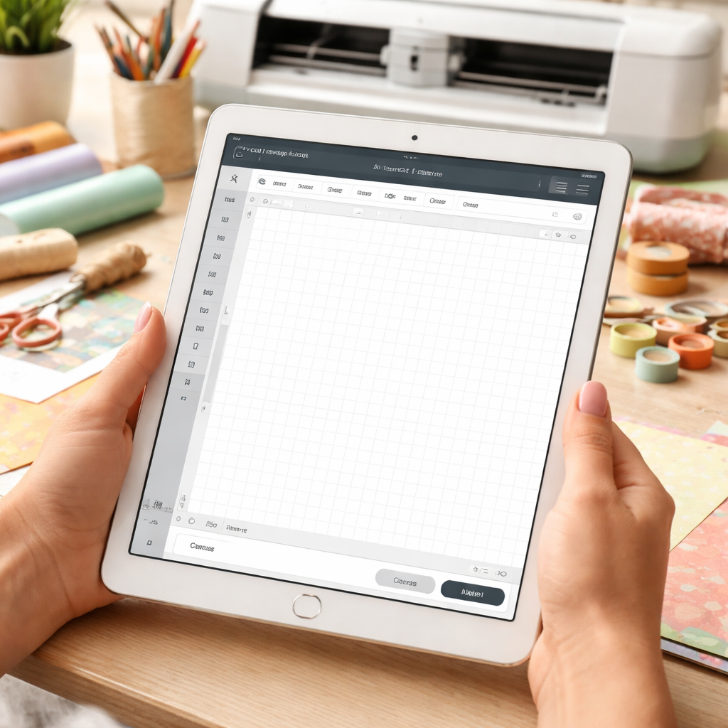 A photorealistic scene of a hand holding a tablet showing the Cricut Design Space home screen with a blank canvas, soft natural lighting, realistic details, aimed at arts‑and‑crafts hobbyists. Alt: Cricut Design Space tutorial for beginners setting up account.
