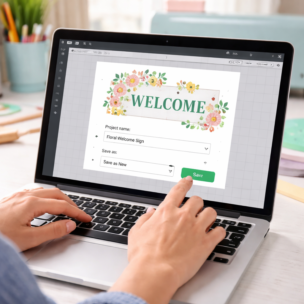 A photorealistic scene of a user saving a Cricut Design Space project on a laptop, showing the save dialog with a clear project name. Alt: Cricut design space saving tutorial for beginners.