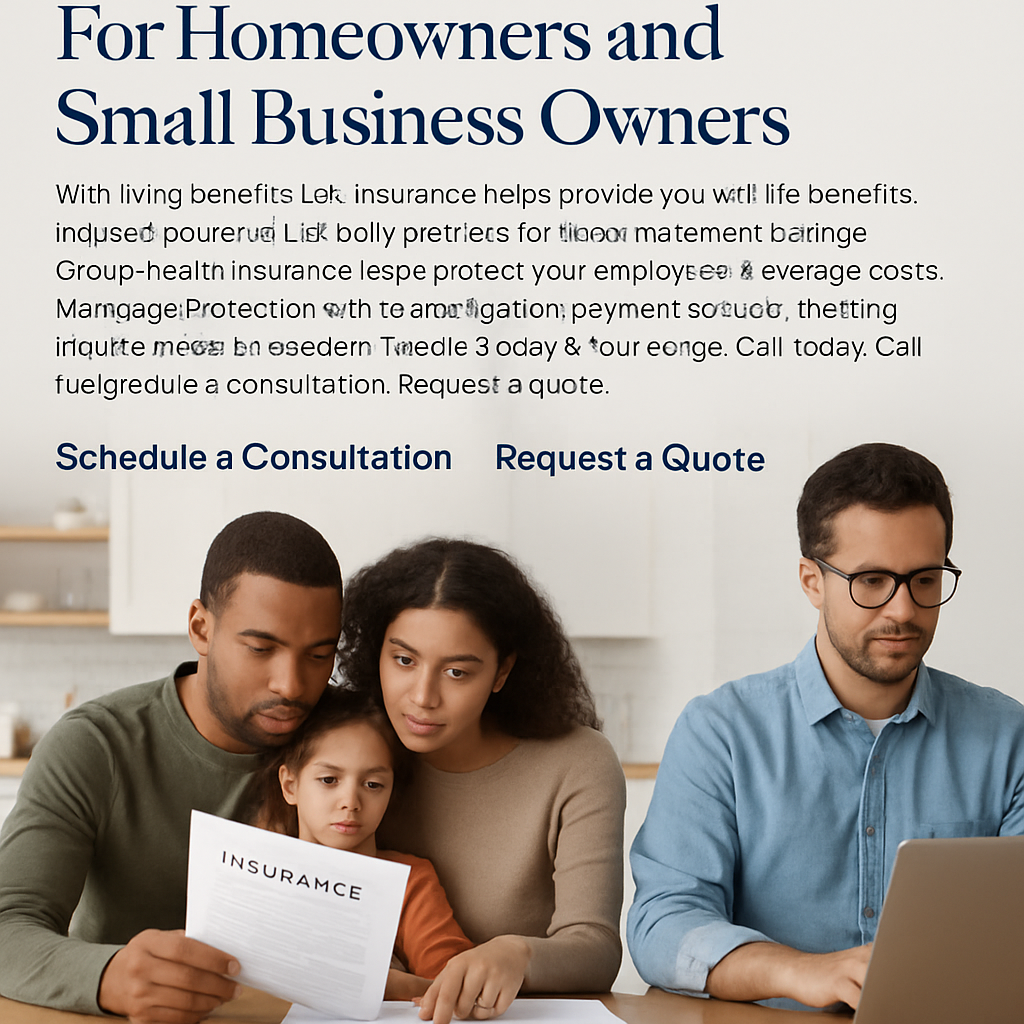 A family sitting at a kitchen table reviewing insurance paperwork, with a small business owner reviewing a laptop beside them. Alt: critical illness rider life insurance for homeowners and small business owners