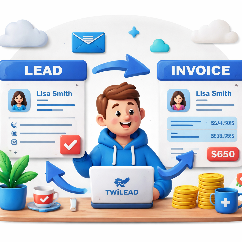 Claymation style illustration of a small business owner happily moving client data from a lead card to an invoice, with arrows showing smooth flow. Alt: CRM with invoicing workflow visual.