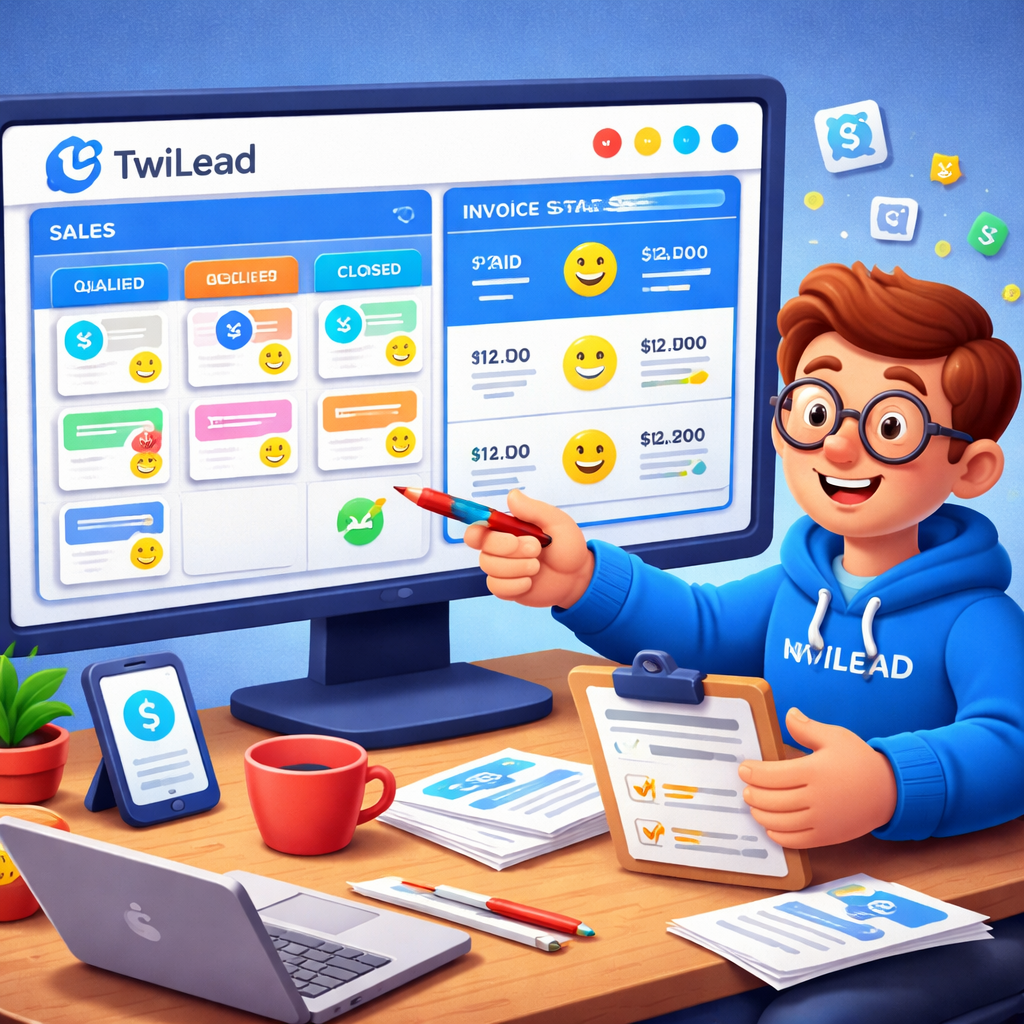Claymation style scene showing a small business owner reviewing a dashboard that displays both sales pipeline and invoice status, with smiley faces indicating happy customers. Alt: Visual of CRM with invoicing ROI tips.