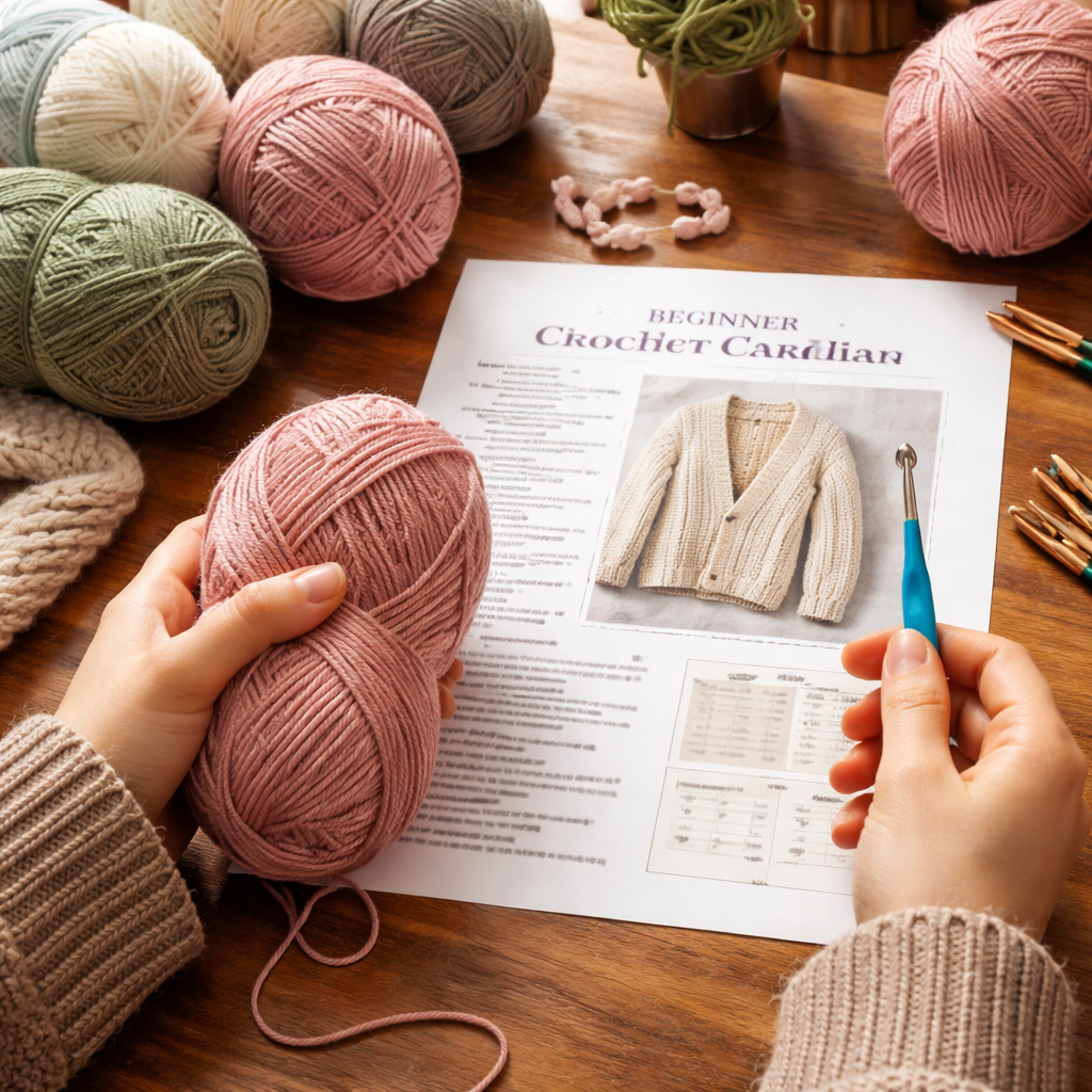 A photorealistic scene of hands holding soft worsted yarn and a 4 mm crochet hook on a wooden table, with a beginner’s crochet cardigan pattern spread out, appealing to arts and crafts hobbyists and creative entrepreneurs. Alt: Choosing yarn and hook for crochet cardigan pattern for beginners