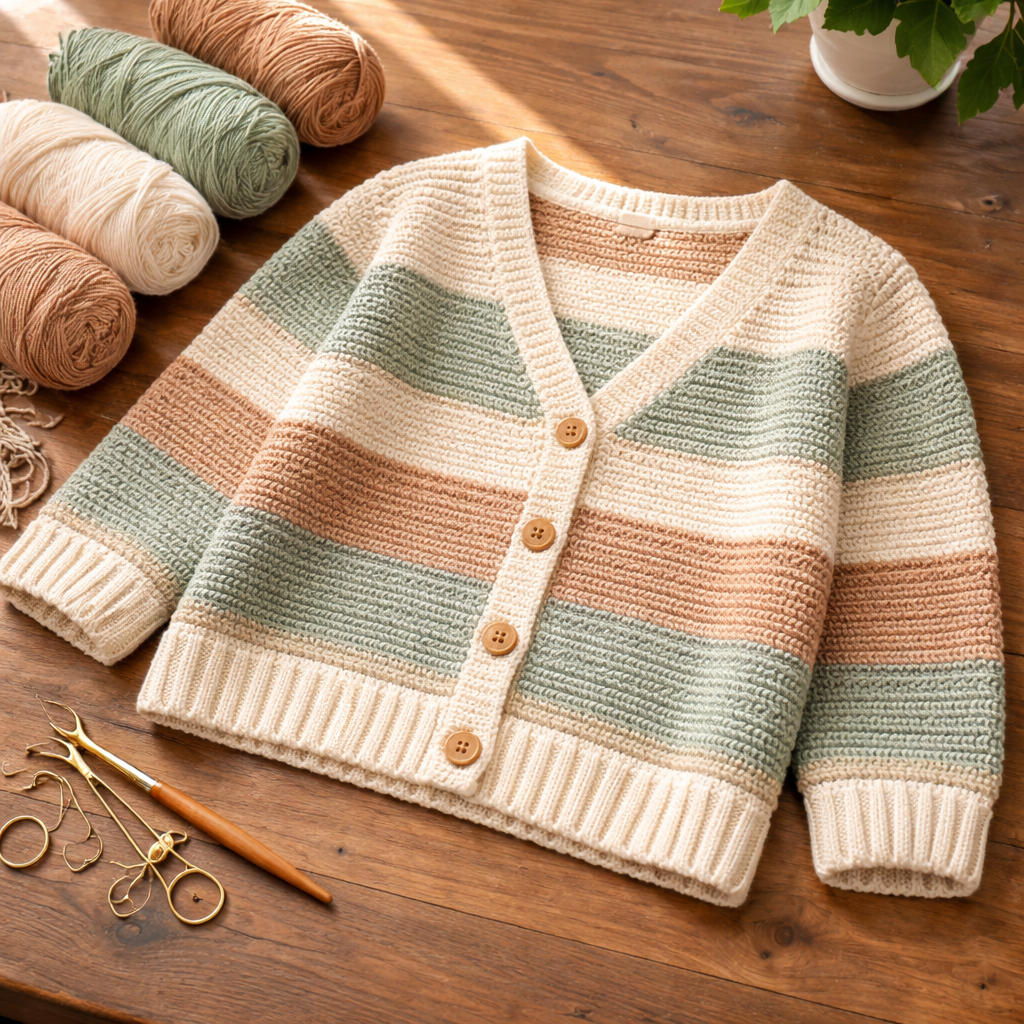 A photorealistic scene of a crochet cardigan laid flat on a wooden table, yarn skeins and a 4 mm hook beside it, soft natural light highlighting the stitches. Alt: Crochet cardigan pattern for beginners comparison table illustration.