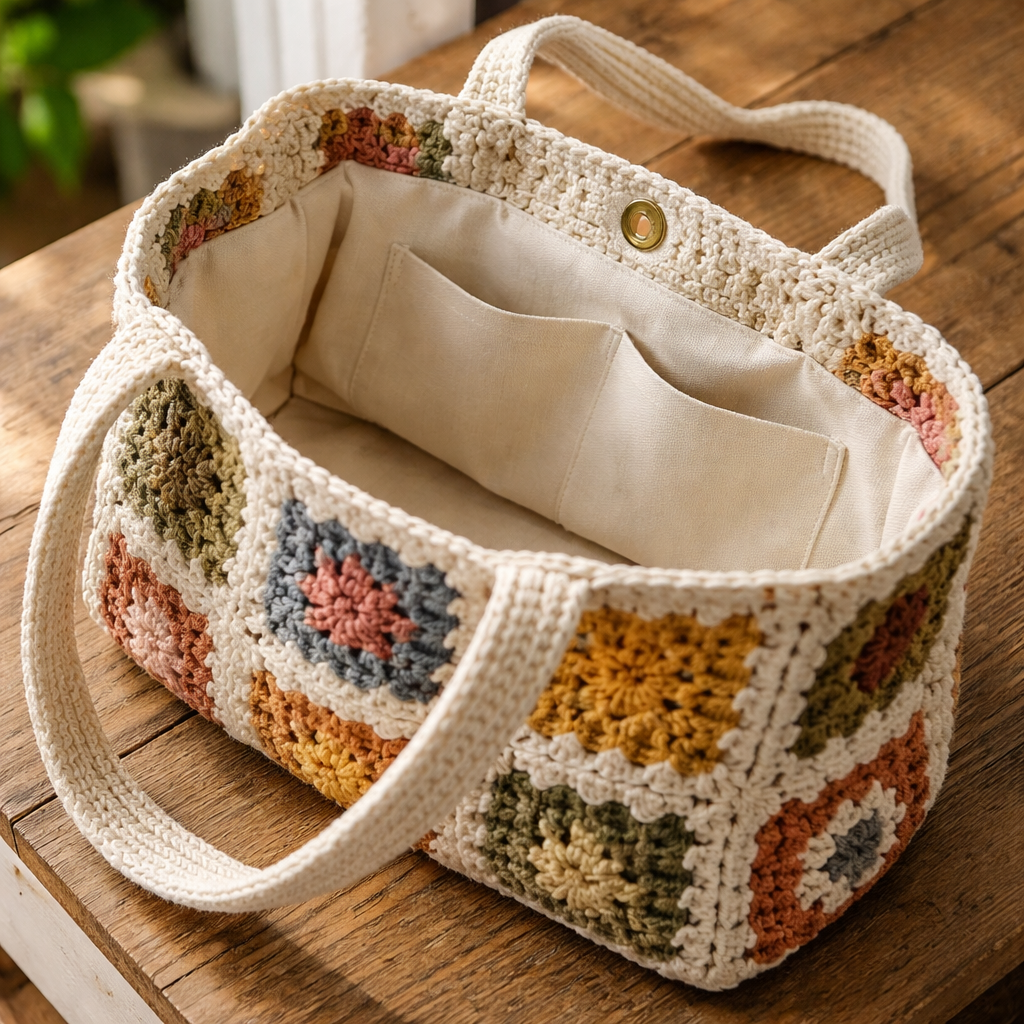 A photorealistic close‑up of a crocheted granny‑square tote with a soft cotton canvas lining visible inside, the bag open on a wooden table with natural daylight highlighting the texture of the yarn and the smoothness of the lining. Alt: crochet granny square bag tutorial lining and finishing details