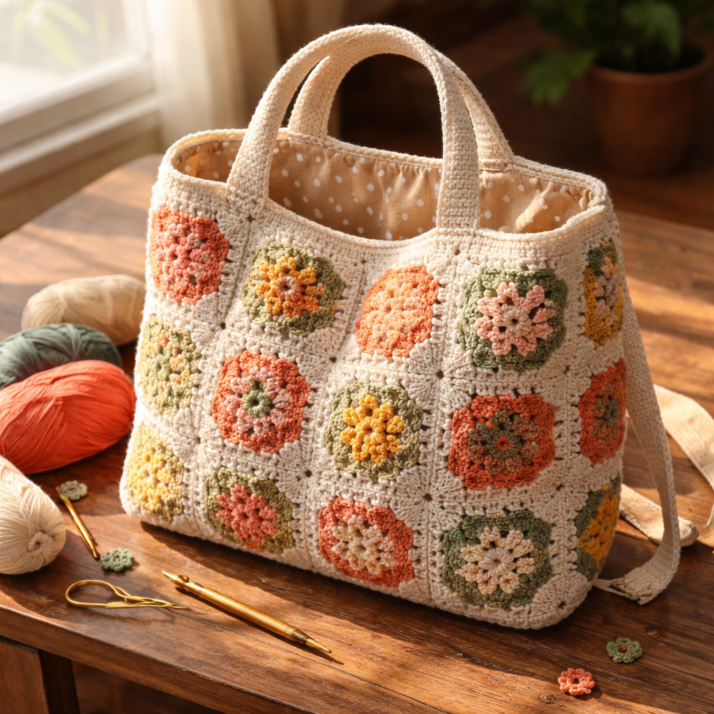 A photorealistic scene of a completed crochet granny square tote bag resting on a wooden table, sunlight streaming in, yarn skeins and crochet hook nearby, showcasing the bag’s lining and handles. Alt: crochet granny square bag tutorial finished tote in realistic style.
