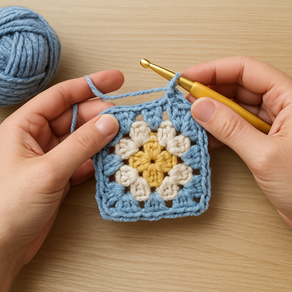 A beginner crocheting a granny square, showing the hook and yarn in hand, with a partially finished square on the table. Alt: crochet granny square pattern for beginners