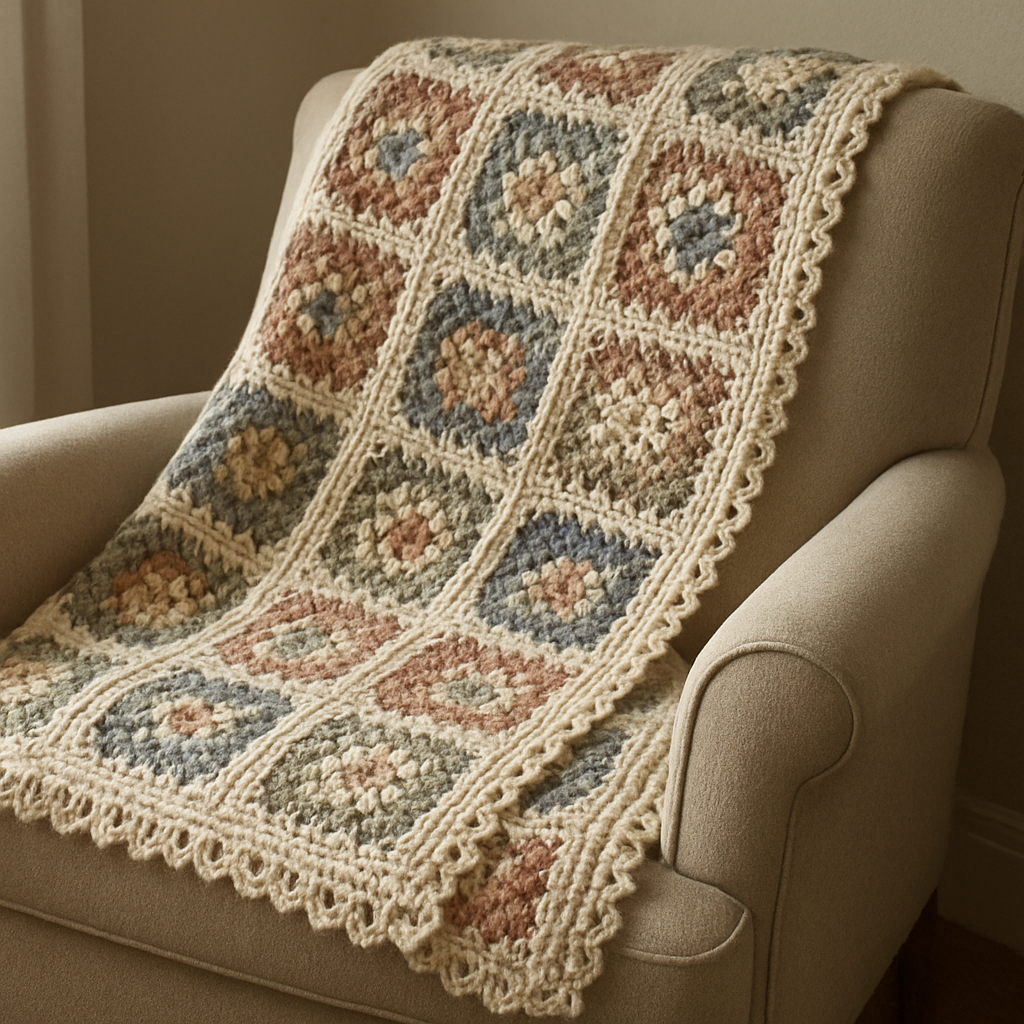 A cozy, fully finished crochet granny square blanket draped over a comfy armchair, with soft natural lighting highlighting the textured border and subtle color transitions. Alt: crochet granny square blanket finished with decorative border.