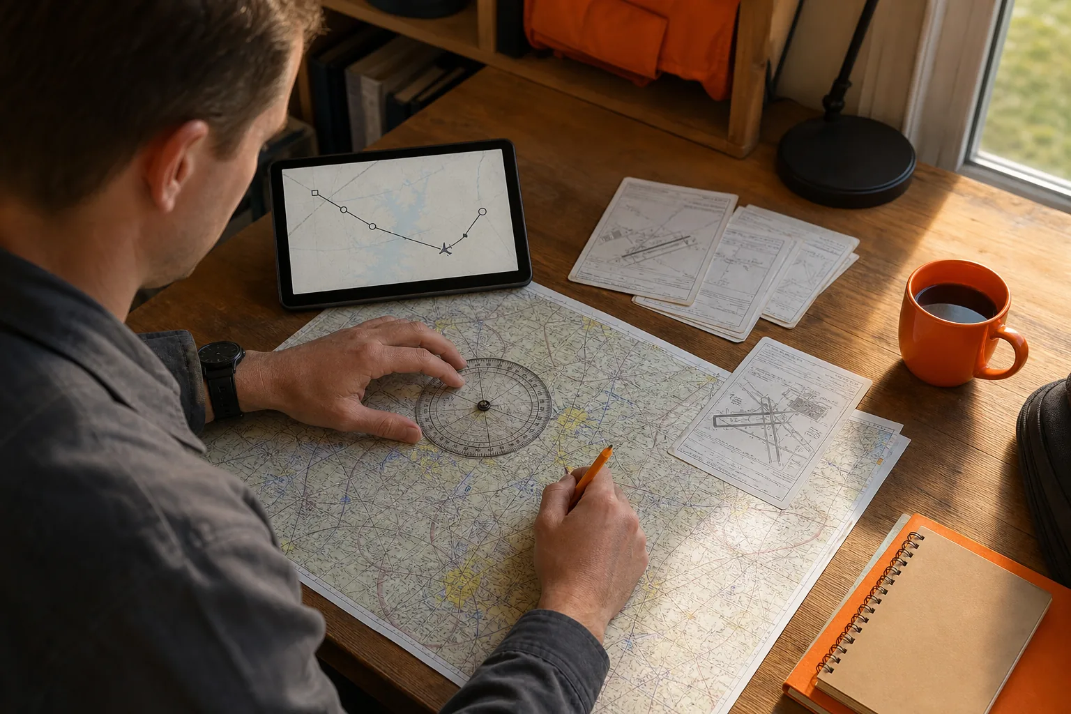 pilot planning a VFR cross-country route with sectional chart and visual checkpoints.