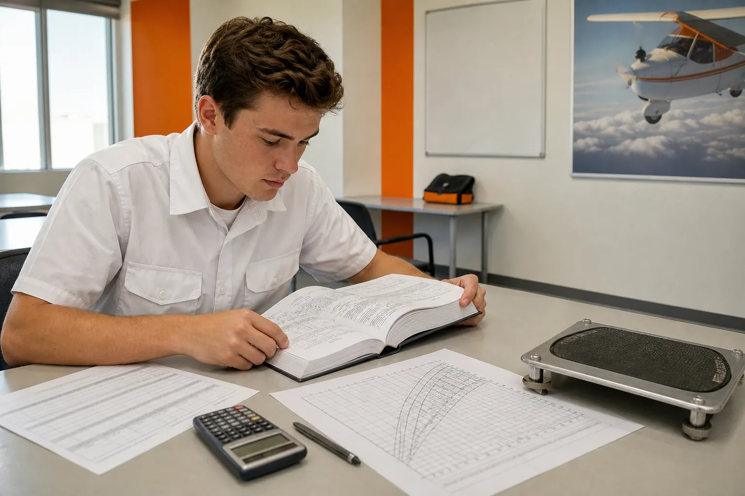 pilot checking aircraft fuel, performance, and weight and balance before a cross-country flight.