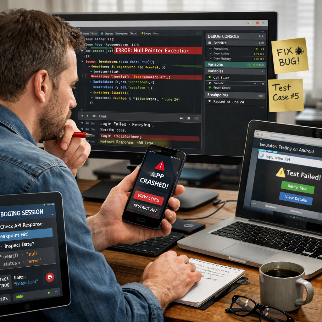 A realistic illustration of a developer reviewing a cross‑platform codebase on multiple device screens, highlighting debugging and testing steps. Alt: cross platform mobile app development debugging workflow