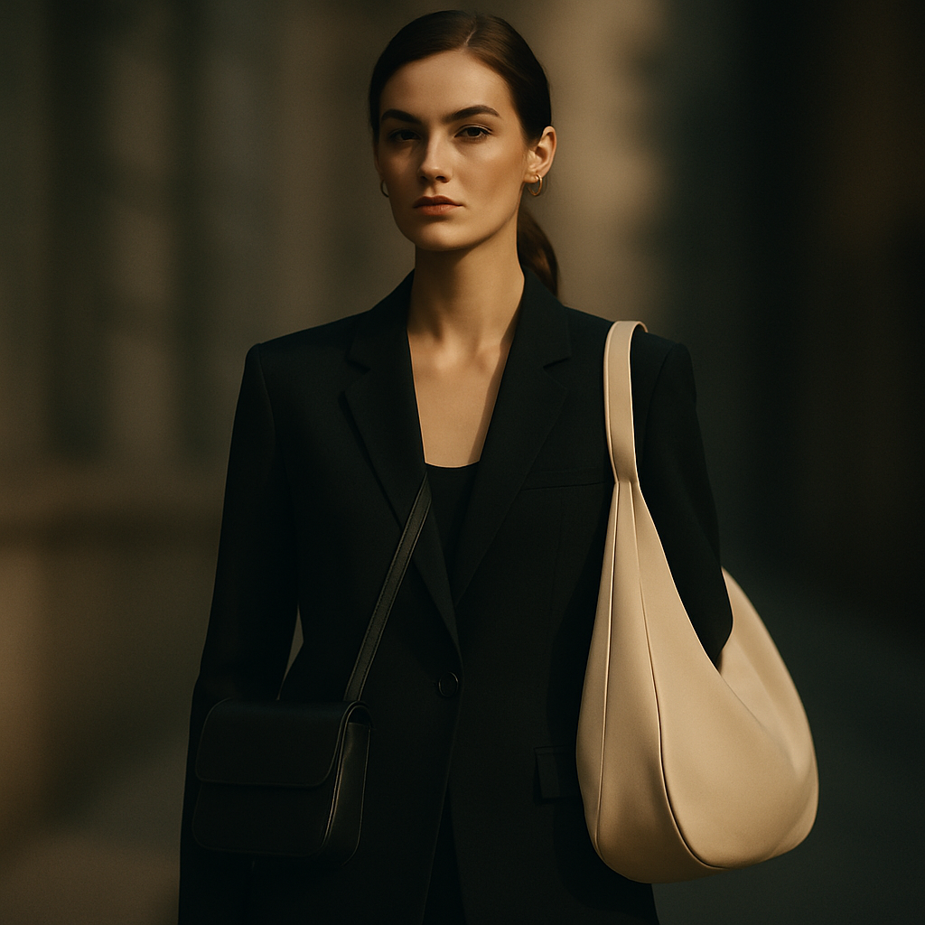 A stylish woman wearing a sleek crossbody bag on one side and a flowing shoulder bag on the other, showing the contrast in silhouette. Alt: crossbody vs shoulder bag design silhouette comparison.