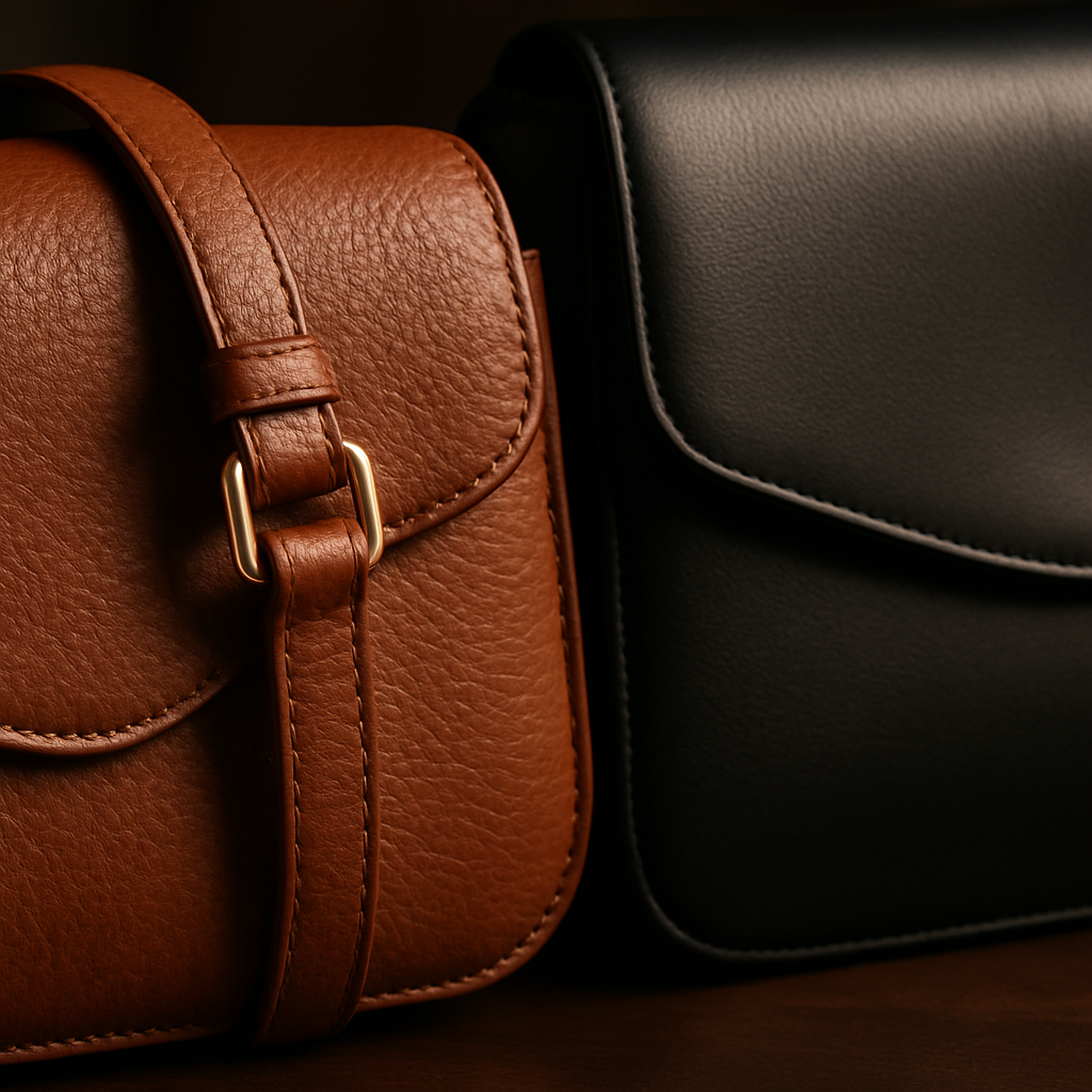 A close‑up of a luxuriously soft leather crossbody bag next to a sleek shoulder bag, showing the grain texture and patina. Alt: high‑quality leather material detail for crossbody and shoulder bags