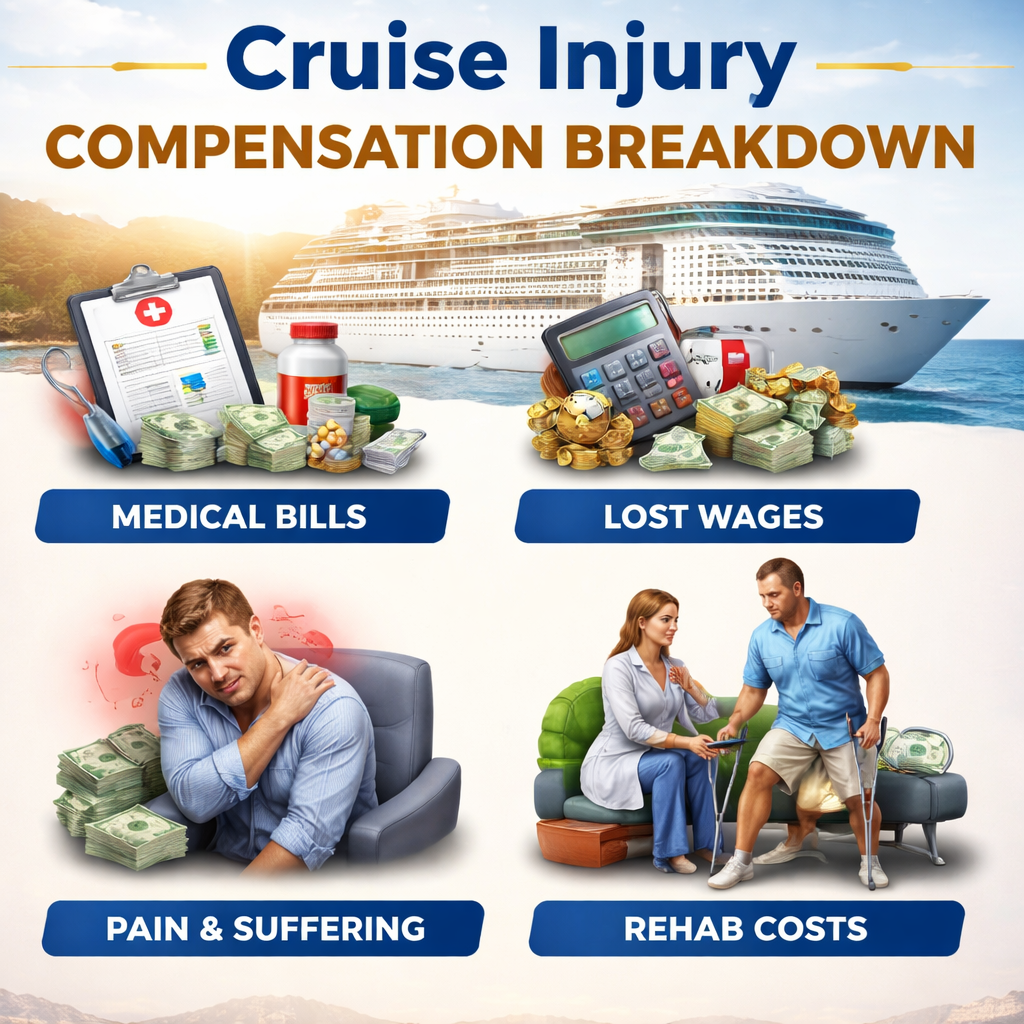 A photorealistic infographic showing different compensation categories , medical bills, lost wages, pain and suffering, rehab costs , with icons representing each. Alt: cruise injury compensation breakdown