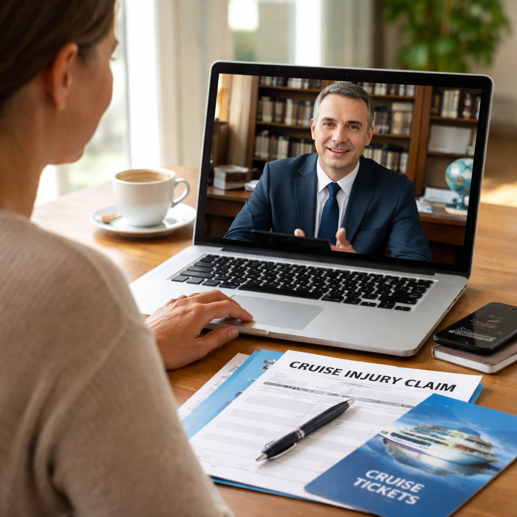 Photorealistic scene of a passenger speaking with a lawyer on a laptop, with cruise documents visible. Alt: hiring cruise ship injury lawyer