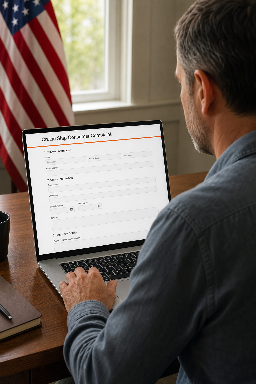 A photorealistic illustration of a traveler at a laptop, filling out a government web form titled "Cruise Ship Consumer Complaint," with the U.S. flag visible in the background. Alt: filing a cruise ship complaint with the U.S. DOT