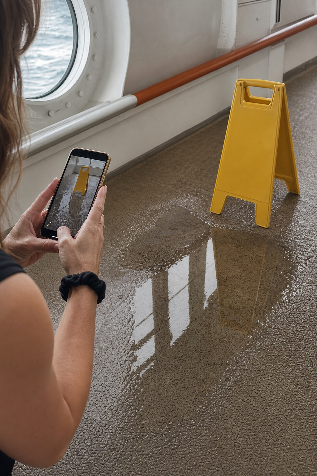A photorealistic close-up of a passenger photographing a wet floor warning sign and a puddle on a cruise ship deck with their smartphone, natural daylight from a nearby porthole, textured non-slip deck surface visible. Alt: gathering evidence after cruise ship personal injury, photographing hazardous conditions on deck.