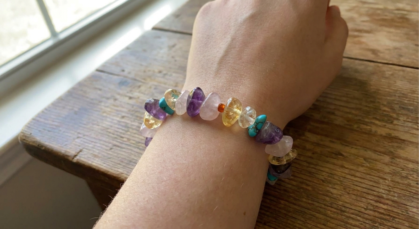 A closeâup of a hand wearing a multicolored crystal bracelet on a wooden table, soft natural light highlighting the stones, Realism style. Alt: handcrafted auraâcleansing crystal bracelet on wrist