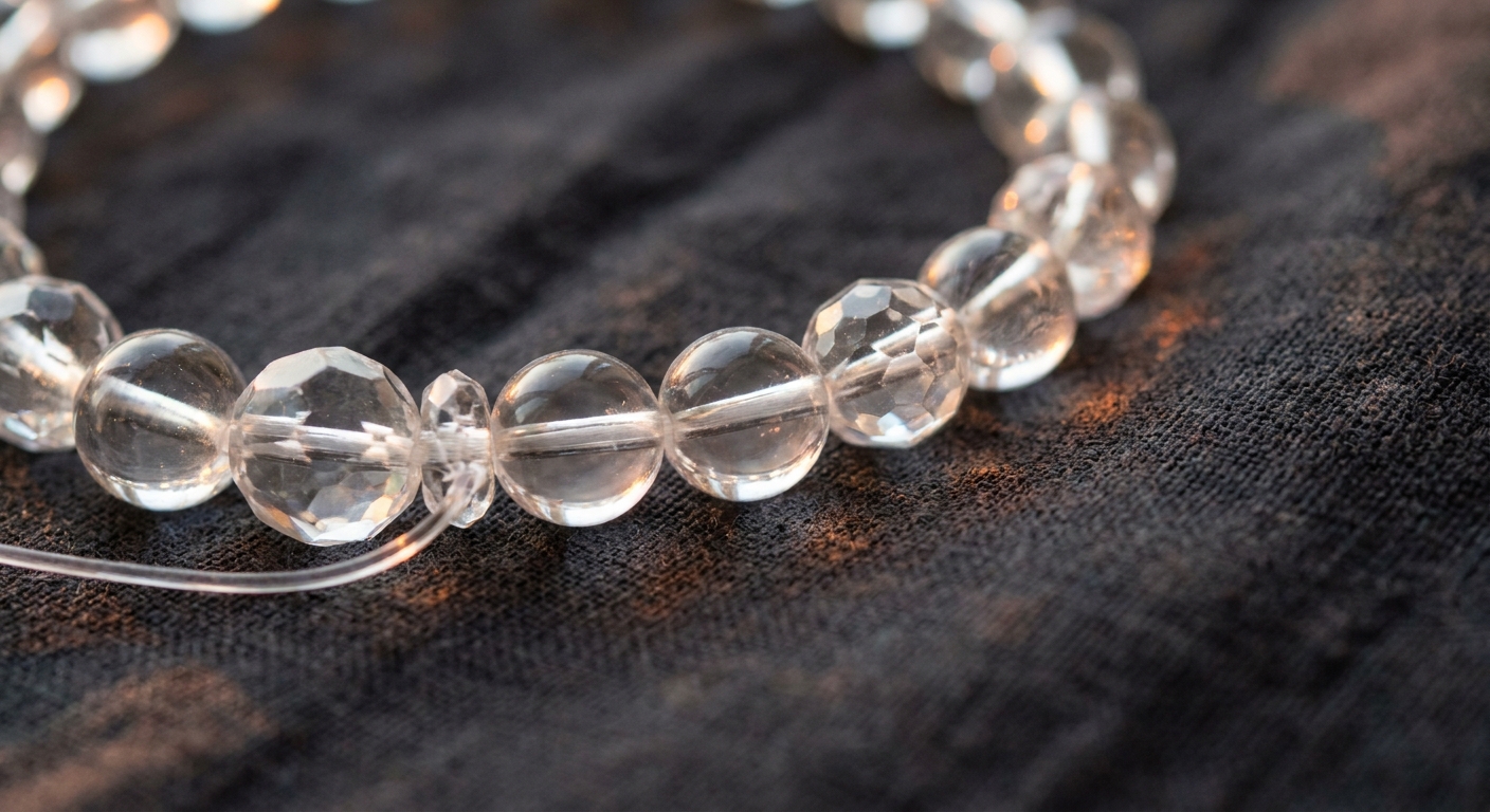 A photorealistic view of clear quartz beads glistening on a dark fabric background, Realism style. Alt: crystal bracelet with clear quartz beads on elastic cord